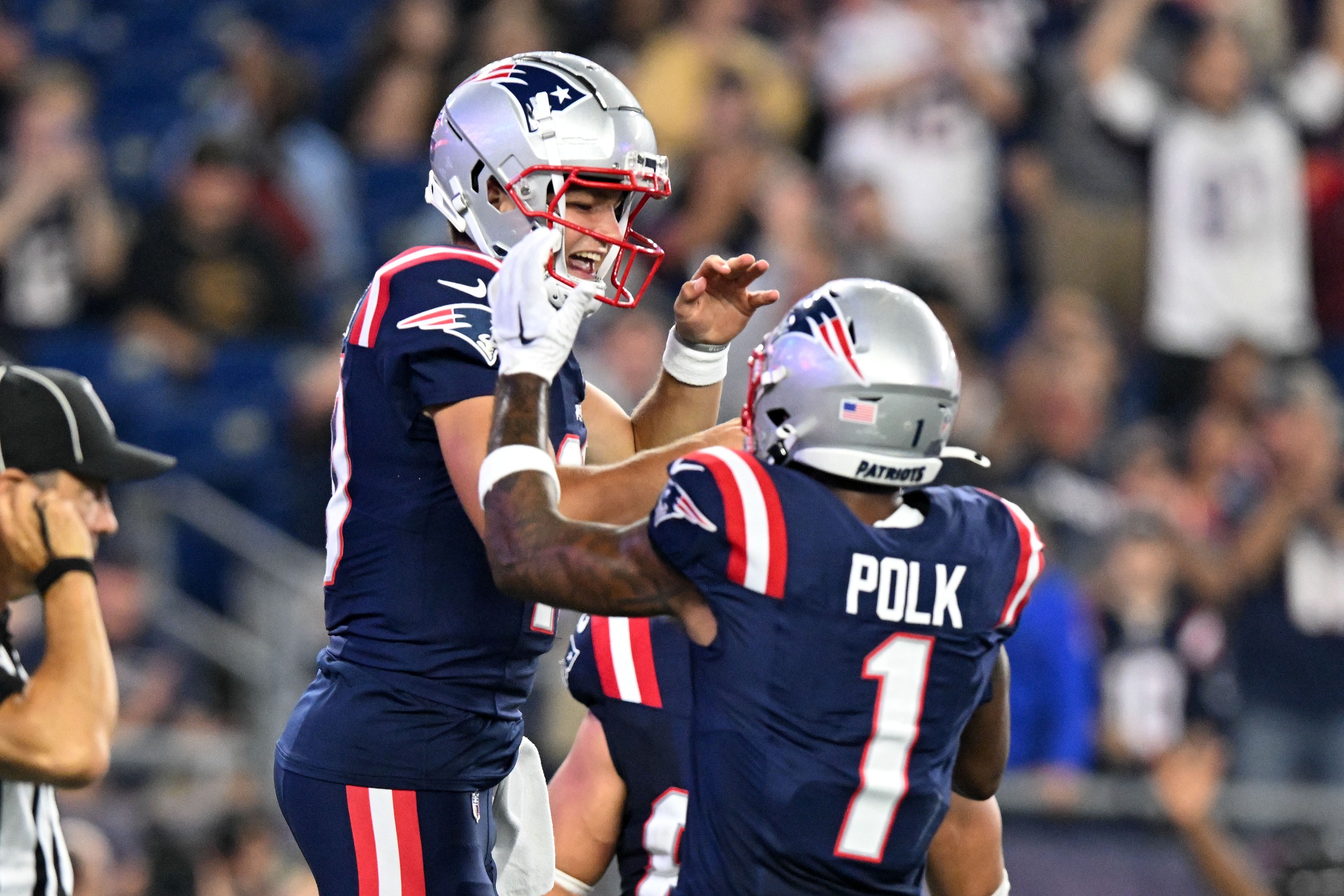 Aug 15, 2024; Foxborough, Massachusetts, USA; New England Patriots quarterback Drake Maye (10) celebrates with wide receiver Ja'Lynn Polk (1) after scoring a touchdown against the Philadelphia Eagles during the first half at Gillette Stadium. Mandatory Credit: Brian Fluharty-USA TODAY Sports