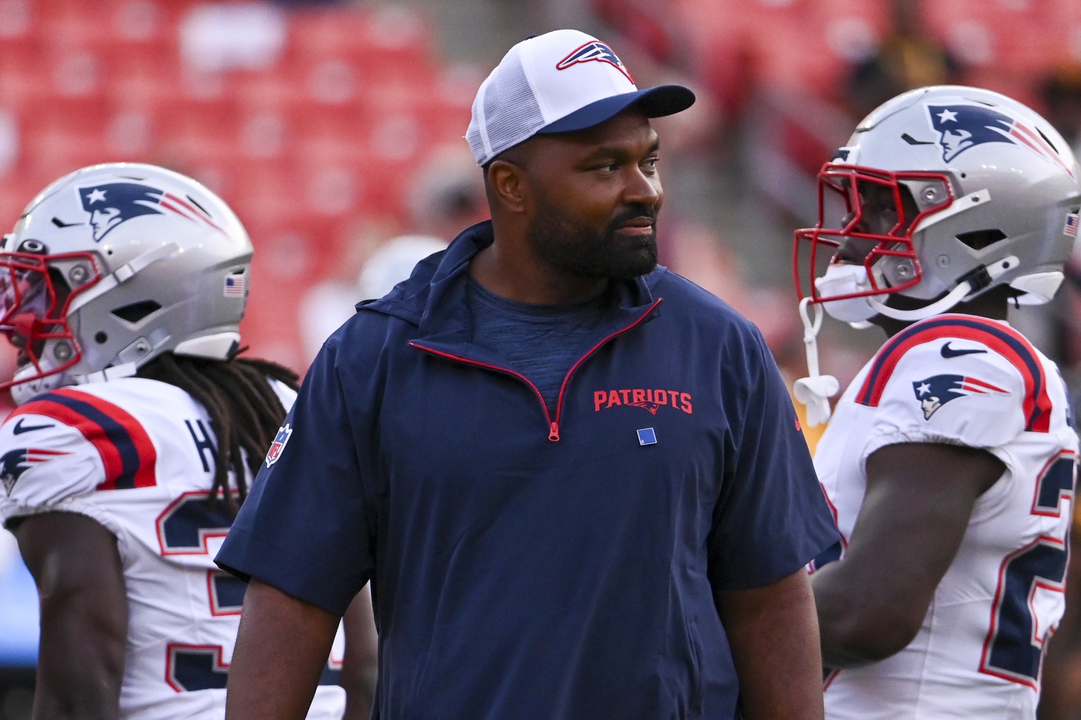 Aug 25, 2024; Landover, Maryland, USA; New England Patriots head coach Jerod Mayo walks the field before the start of the preseason game against the Washington Commanders at Commanders Field. Mandatory Credit: Tommy Gilligan-USA TODAY Sports