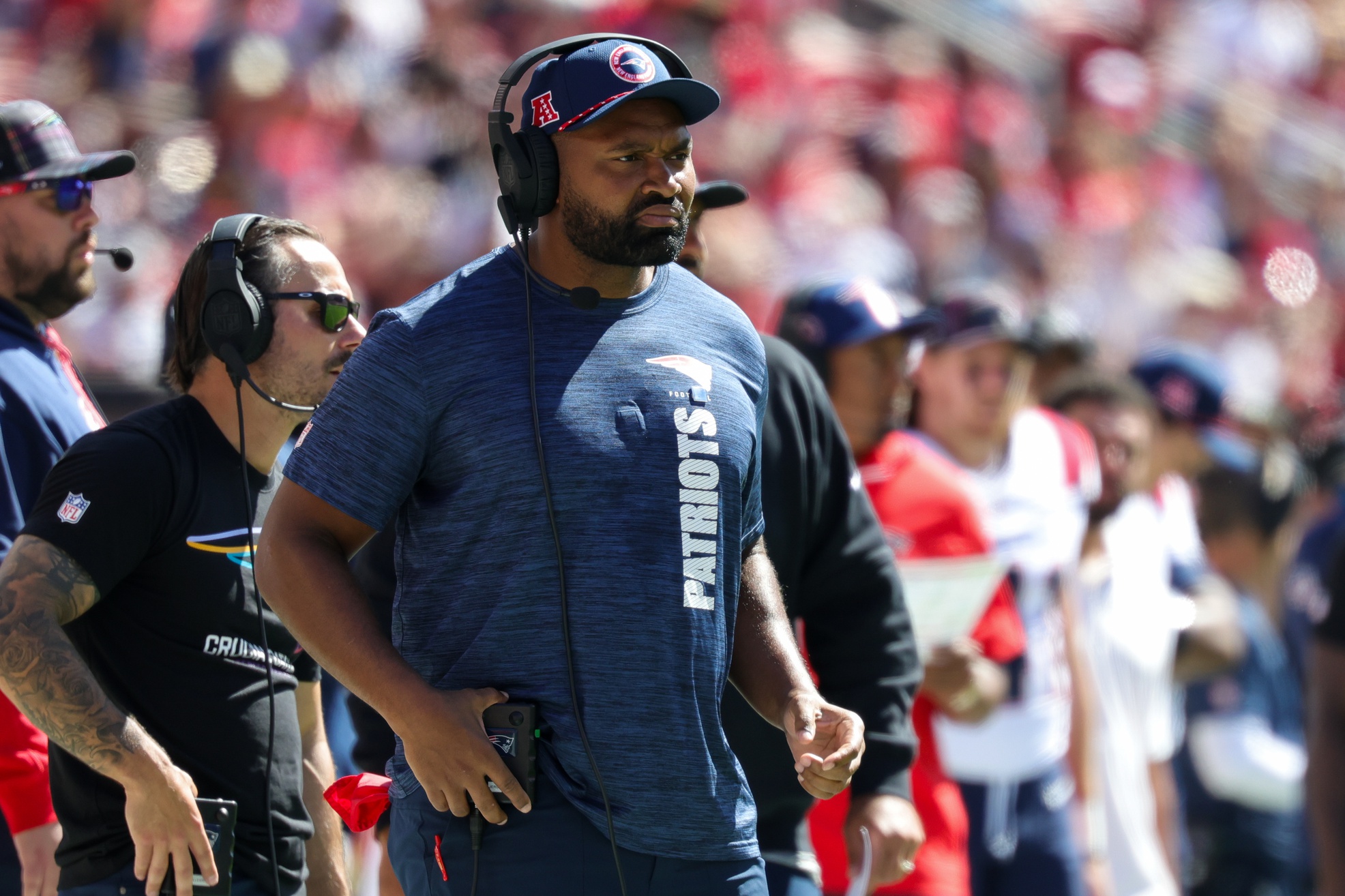 Sep 29, 2024; Santa Clara, California, USA; New England Patriots head coach Jerod Mayo looks on during the first quarter against the San Francisco 49ers at Levi's Stadium. Mandatory Credit: Sergio Estrada-Imagn Images