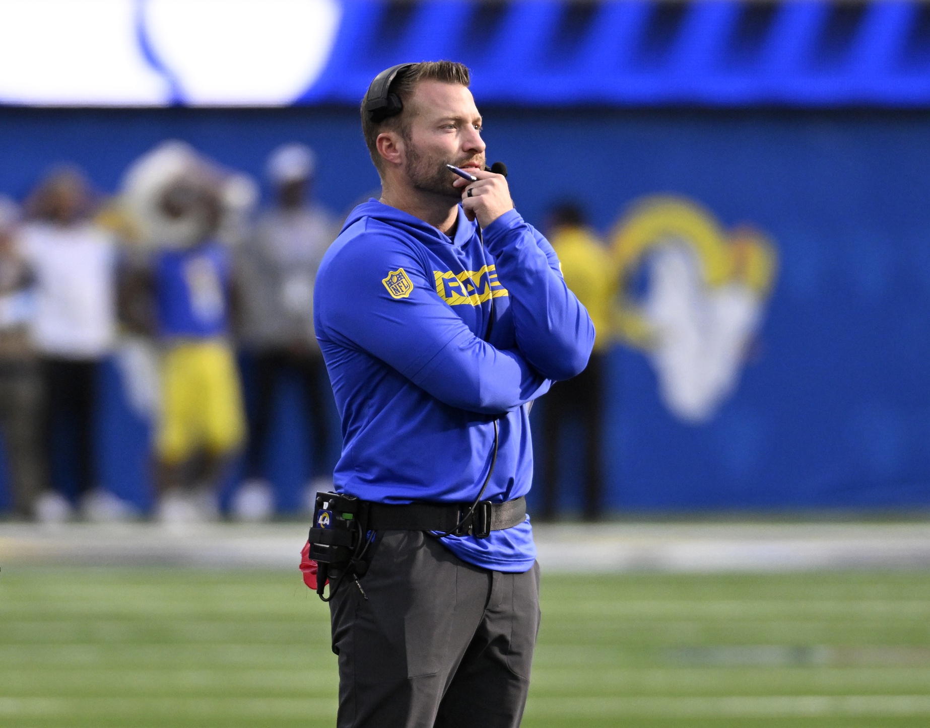 Oct 20, 2024; Inglewood, California, USA; Los Angeles Rams head coach Sean McVay watches during the second half against the Las Vegas Raiders at SoFi Stadium. Mandatory Credit: Alex Gallardo-Imagn Images