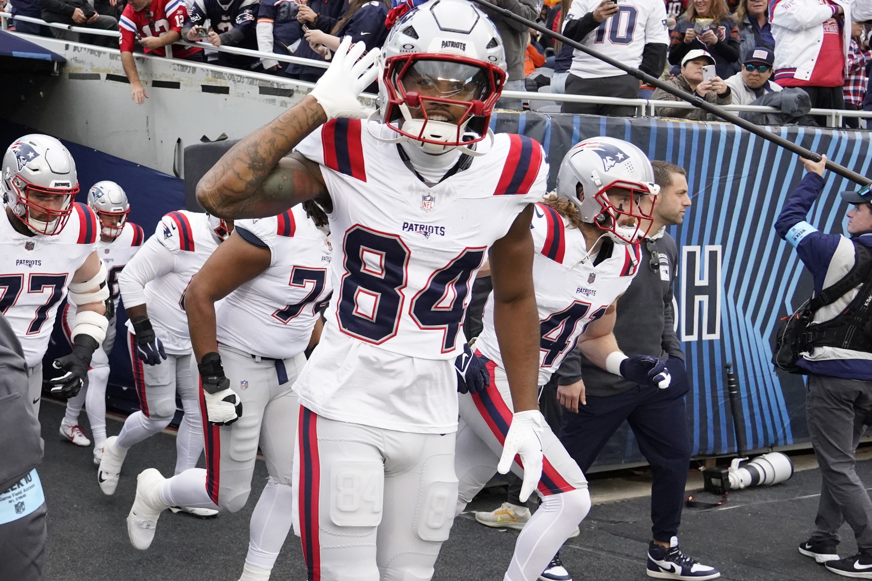 Nov 10, 2024; Chicago, Illinois, USA; New England Patriots wide receiver Kendrick Bourne (84) comes out of the tunnel against the Chicago Bears during the first half at Soldier Field. Mandatory Credit: David Banks-Imagn Images