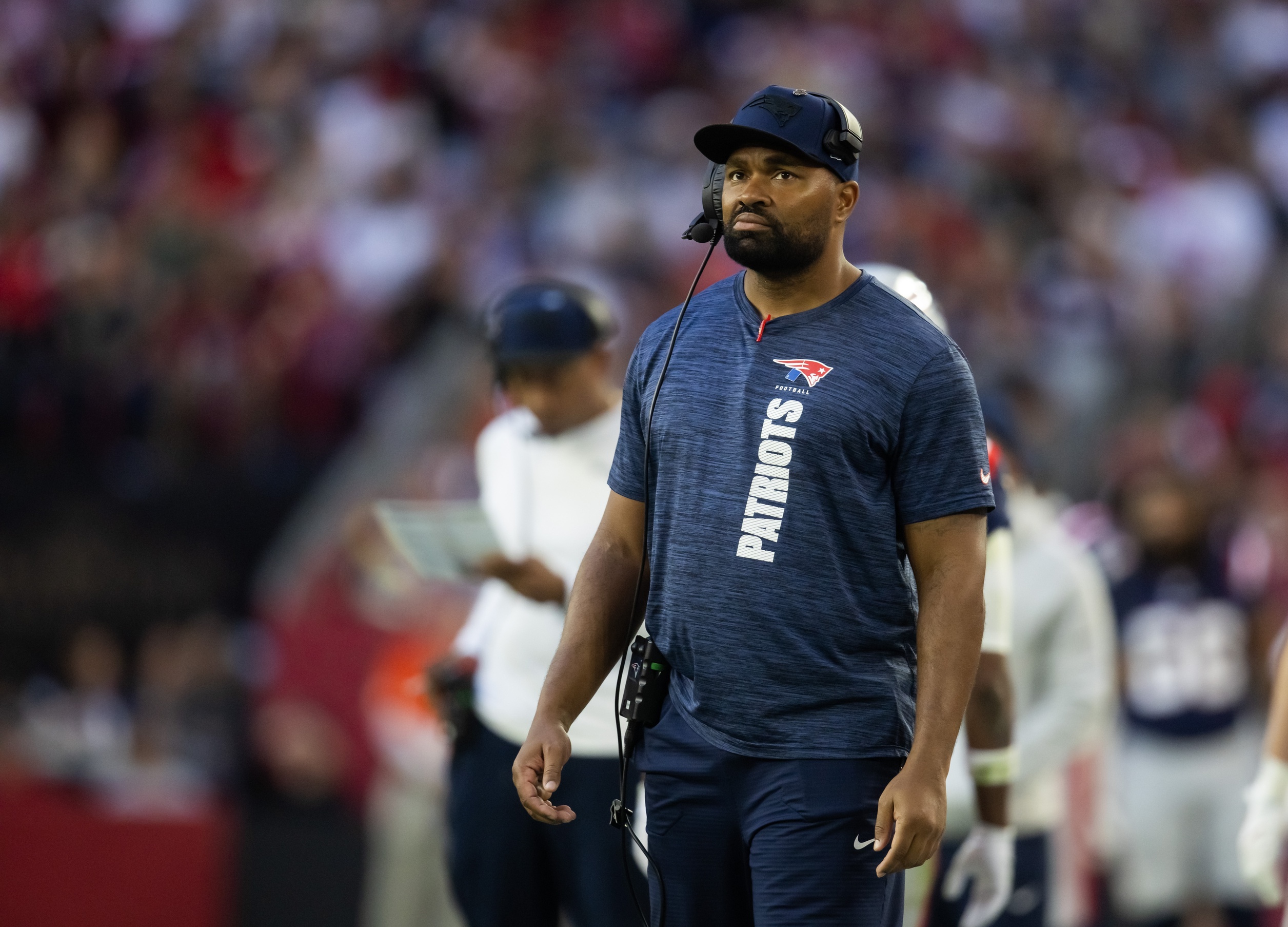 Dec 15, 2024; Glendale, Arizona, USA; New England Patriots head coach Jerod Mayo against the Arizona Cardinals in the second half at State Farm Stadium. Mandatory Credit: Mark J. Rebilas-Imagn Images