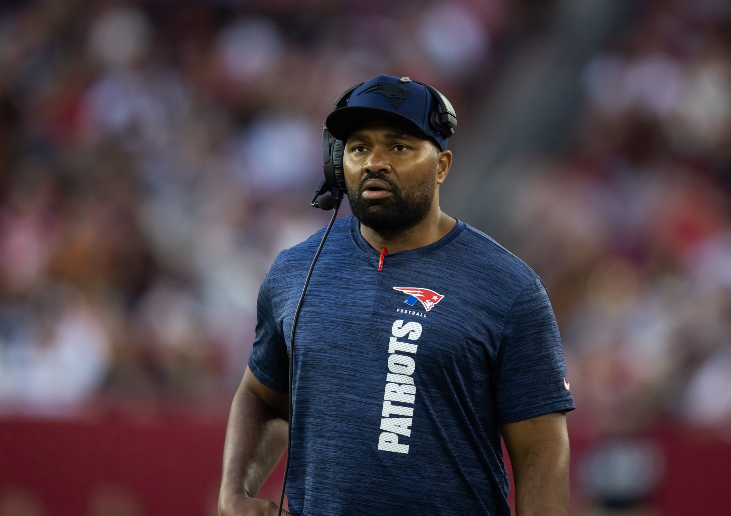Dec 15, 2024; Glendale, Arizona, USA; New England Patriots head coach Jerod Mayo against the Arizona Cardinals in the second half at State Farm Stadium. Mandatory Credit: Mark J. Rebilas-Imagn Images