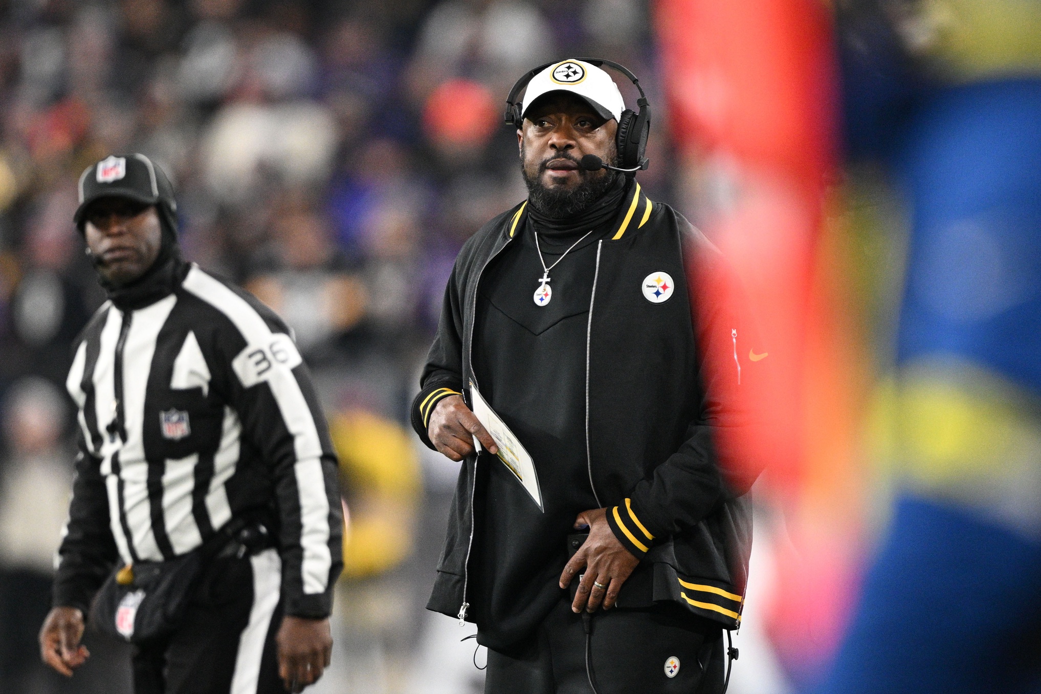 Jan 11, 2025; Baltimore, Maryland, USA; Pittsburgh Steelers head coach Mike Tomlin looks on in the first quarter against the Baltimore Ravens in an AFC wild card game at M&T Bank Stadium. Mandatory Credit: Tommy Gilligan-Imagn Images