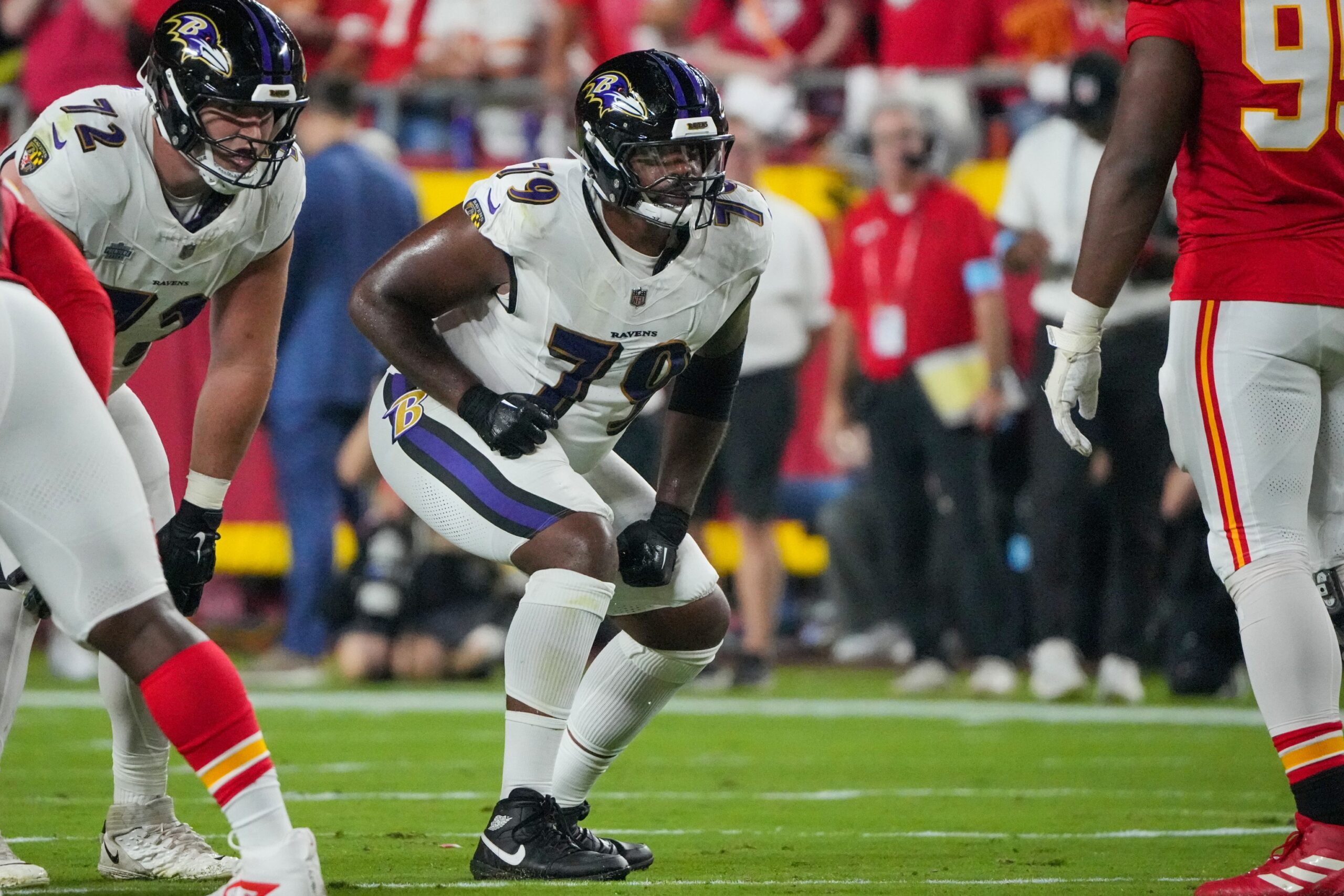 Sep 5, 2024; Kansas City, Missouri, USA; Baltimore Ravens offensive tackle Ronnie Stanley (79) at the line of scrimmage against the Kansas City Chiefs during the game at GEHA Field at Arrowhead Stadium. Mandatory Credit: Denny Medley-Imagn Images