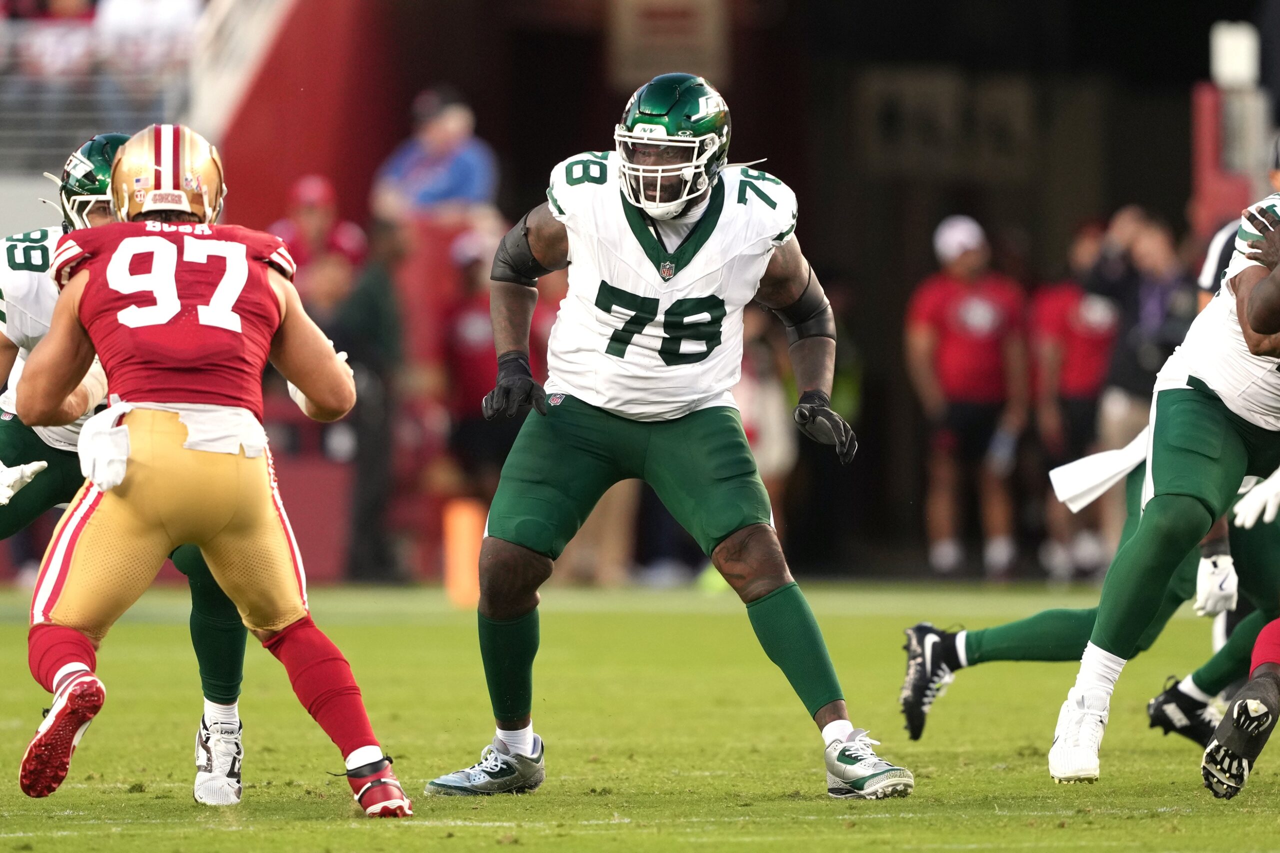 Sep 9, 2024; Santa Clara, California, USA; New York Jets offensive tackle Morgan Moses (78) during the third quarter against the San Francisco 49ers at Levi's Stadium. Mandatory Credit: Darren Yamashita-Imagn Images