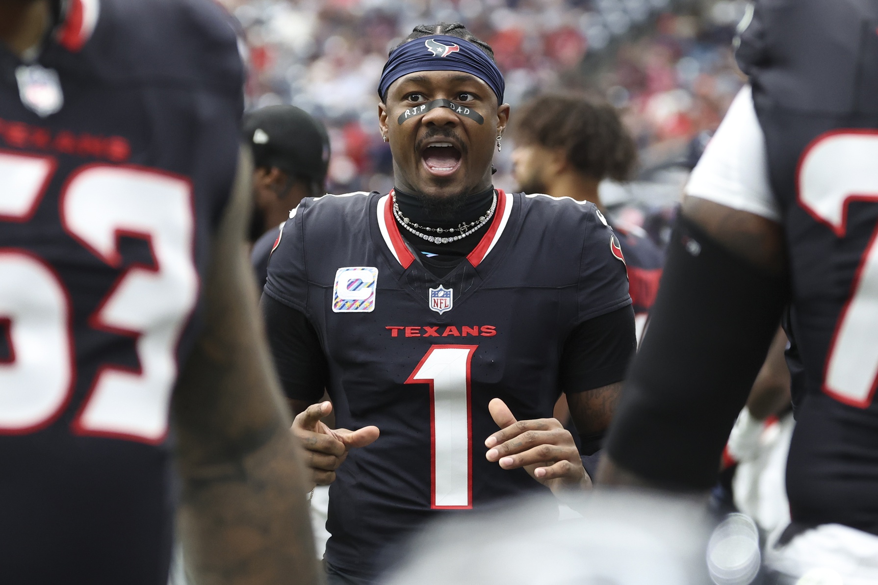 Sep 29, 2024; Houston, Texas, USA; Houston Texans wide receiver Stefon Diggs (1) during the game against the Jacksonville Jaguars at NRG Stadium. Mandatory Credit: Troy Taormina-Imagn Images