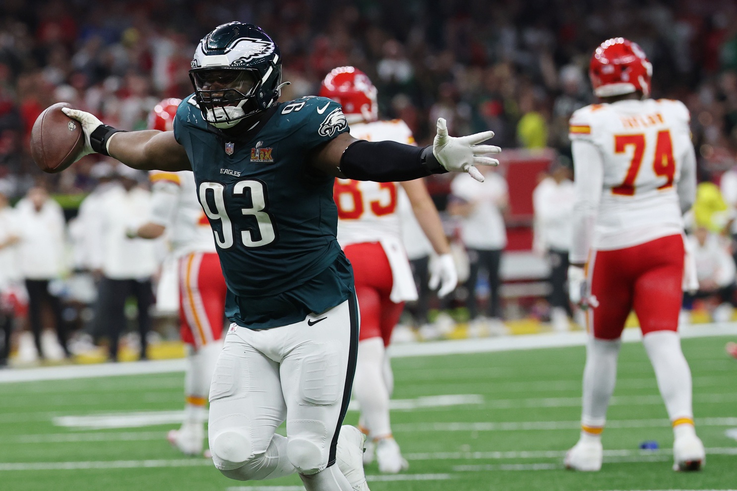 Feb 9, 2025; New Orleans, LA, USA; Philadelphia Eagles defensive tackle Milton Williams (93) celebrates after recovering a fumble against the Kansas City Chiefs in the fourth quarter during Super Bowl LIX at Caesars Superdome. Mandatory Credit: Geoff Burke-Imagn Images