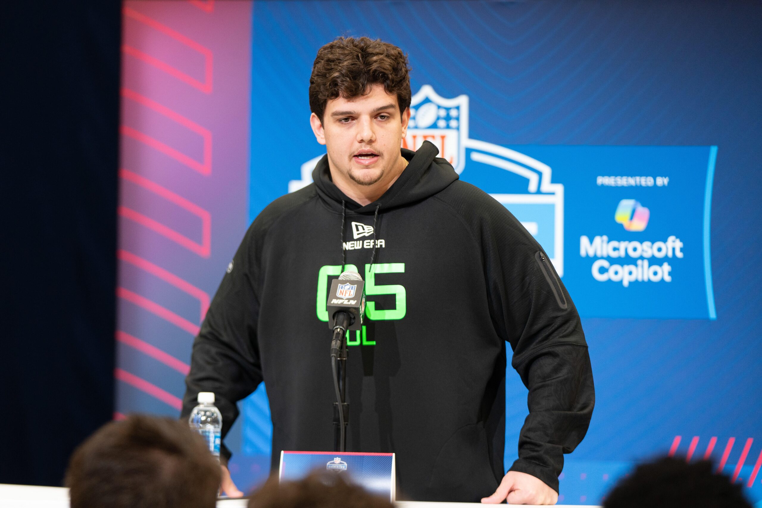 Mar 1, 2025; Indianapolis, IN, USA; Louisiana State University offensive lineman Will Campbell (OL05) answers questions at a press conference during the 2025 NFL Combine at Indiana Convention Center. Mandatory Credit: Jacob Musselman-Imagn Images