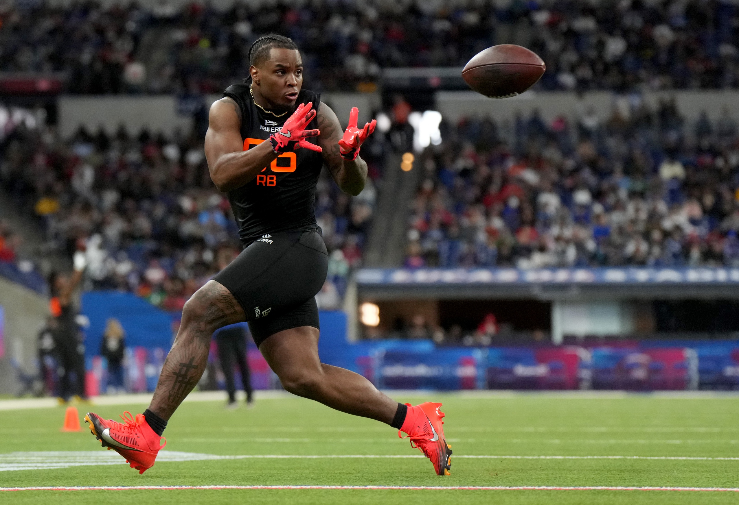 Mar 1, 2025; Indianapolis, IN, USA; Georgia running back Trevor Etienne (RB06) during the 2025 NFL Combine at Lucas Oil Stadium. Mandatory Credit: Kirby Lee-Imagn Images