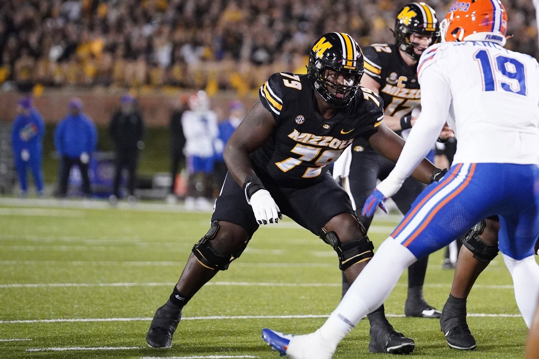 Nov 18, 2023; Columbia, Missouri, USA; Missouri Tigers offensive lineman Armand Membou (79) at the line of scrimmage against the Florida Gators during the game at Faurot Field at Memorial Stadium. Mandatory Credit: Denny Medley-USA TODAY Sports