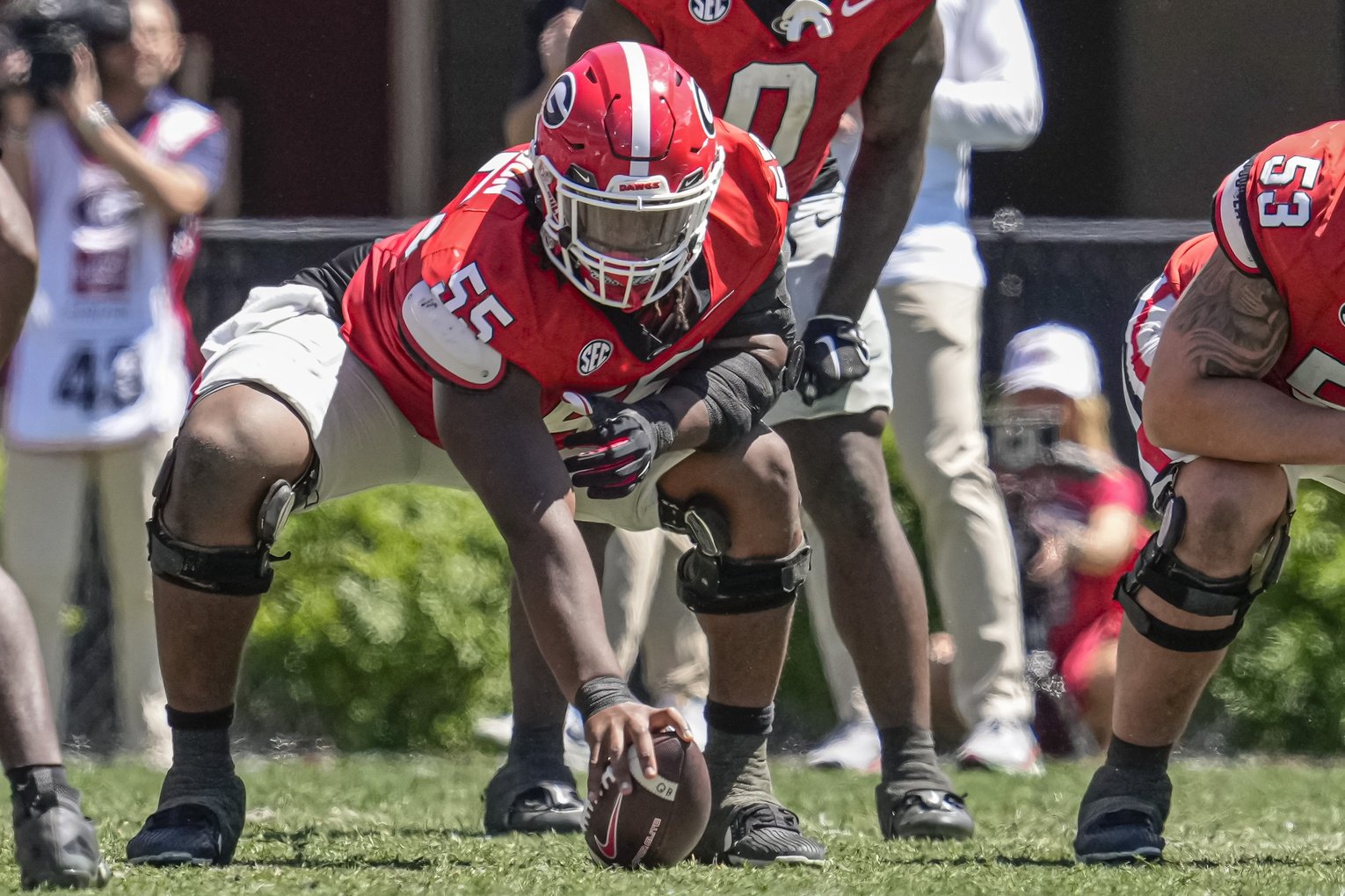 Apr 13, 2024; Athens, GA, USA; Georgia Bulldogs center Jared Wilson (55) prepares to snap the ball during the G-Day Game at Sanford Stadium. Mandatory Credit: Dale Zanine-USA TODAY Sports