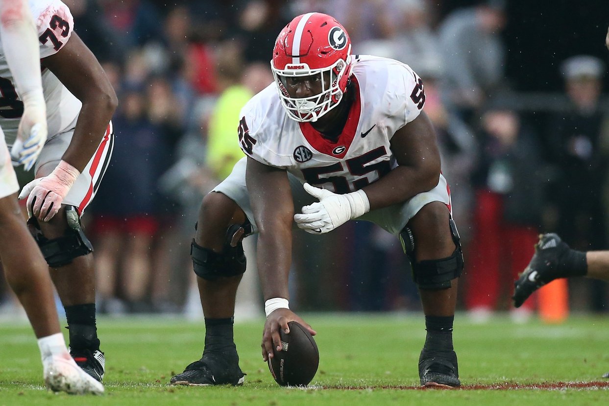 Nov 9, 2024; Oxford, Mississippi, USA; Georgia Bulldogs offensive lineman Jared Wilson (55) prepares to snap the ball during the first half against the Mississippi Rebels at Vaught-Hemingway Stadium. Mandatory Credit: Petre Thomas-Imagn Images