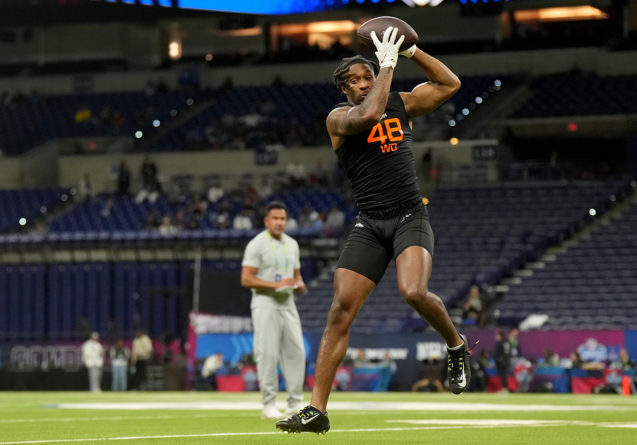Mar 1, 2025; Indianapolis, IN, USA; Washington State wideout Kyle Williams (WO48) during the 2025 NFL Combine at Lucas Oil Stadium. Mandatory Credit: Kirby Lee-Imagn Images