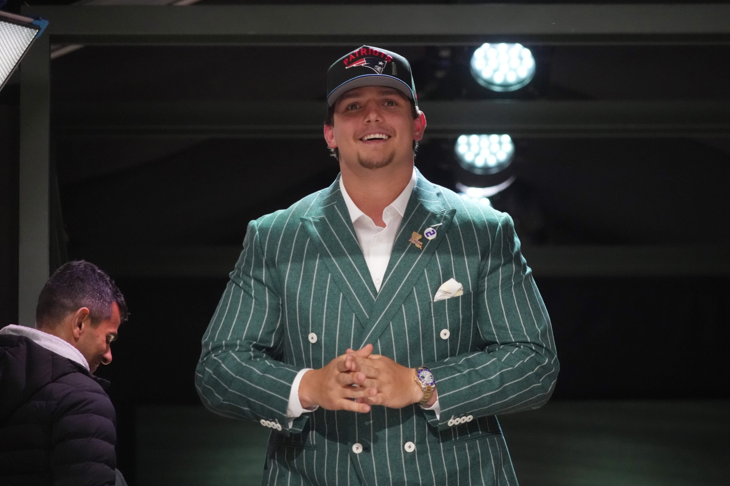 Apr 24, 2025; Green Bay, WI, USA; LSU Tigers offensive lineman Will Campbell is selected by the New England Patriots as the number four pick in the first round of the 2025 NFL Draft at Lambeau Field. Mandatory Credit: Kirby Lee-Imagn Images