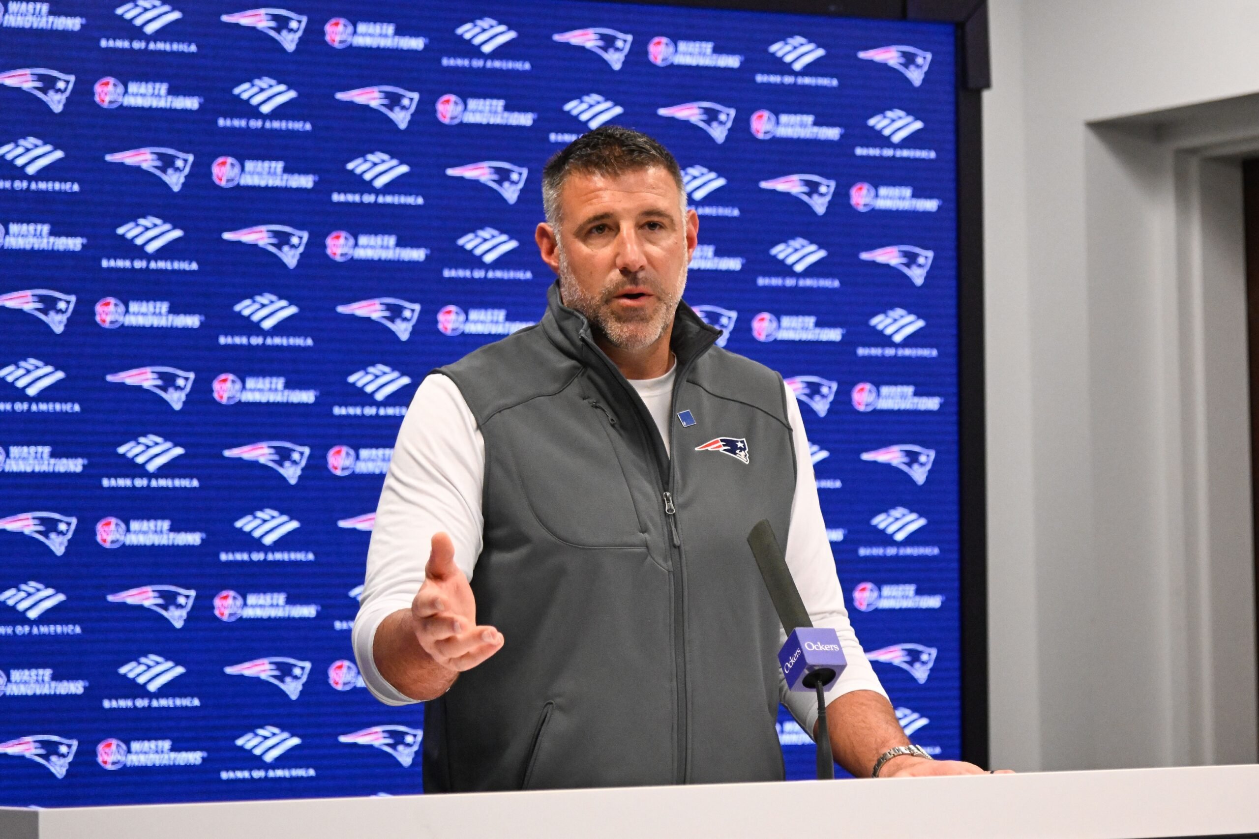 May 9, 2025; Foxborough, MA, USA;  New England Patriots head coach Mike Vrabel speaks the to media during a press conference at Gillette Stadium. Mandatory Credit: Eric Canha-Imagn Images