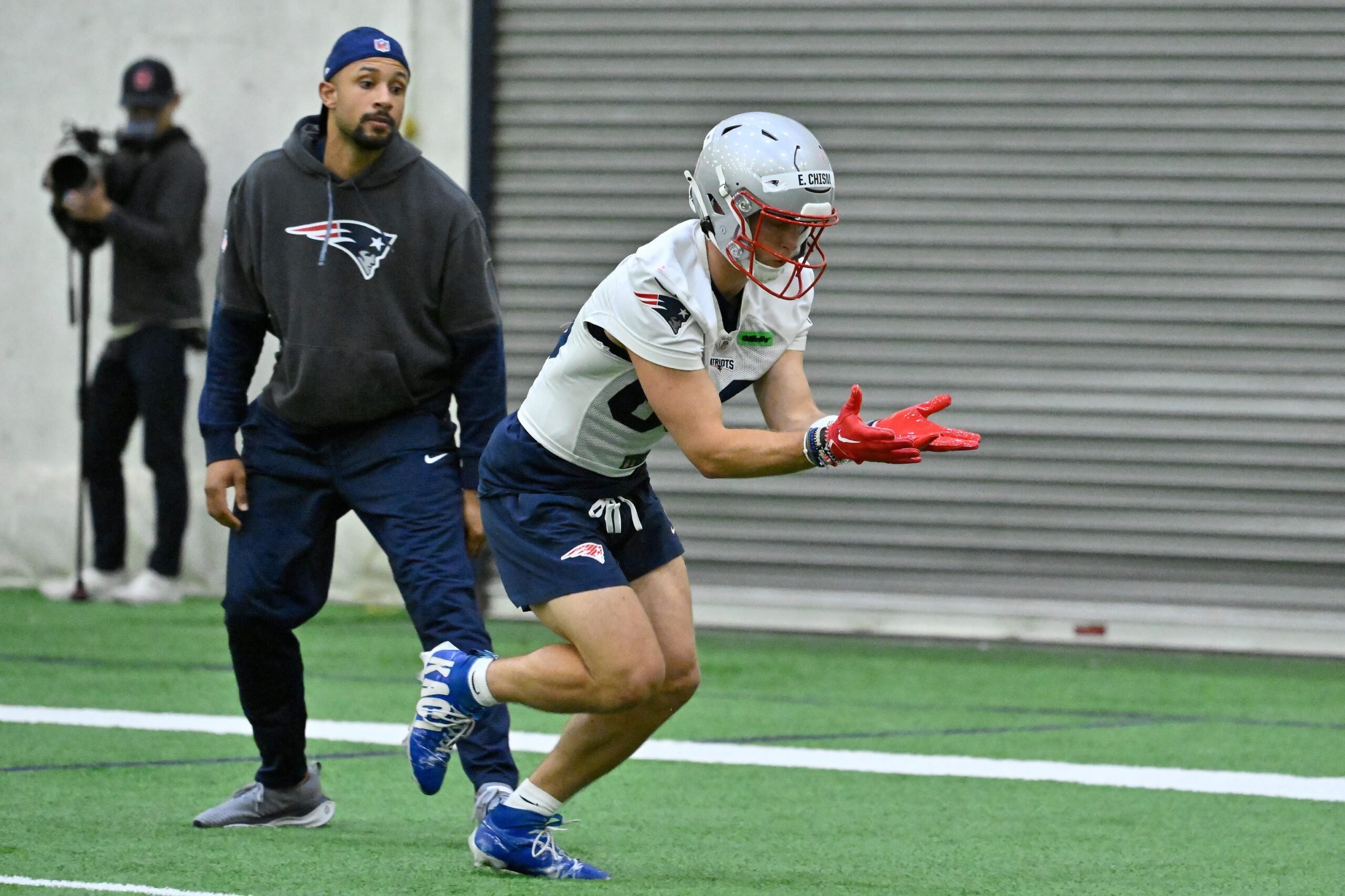 May 9, 2025; Foxborough, MA, USA; New England Patriots wide receiver Efton Chism III (86) practices during rookie camp at Gillette Stadium. Mandatory Credit: Eric Canha-Imagn Images