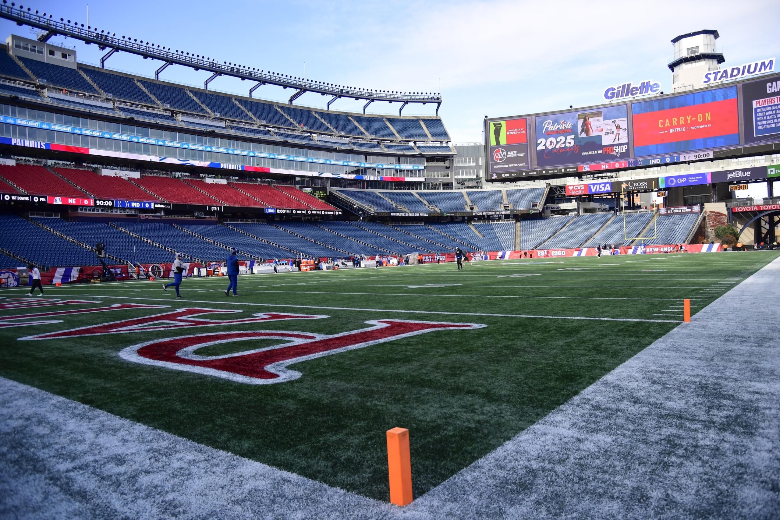 Dec 1, 2024; Foxborough, Massachusetts, USA; A field view of Gillette Stadium prior to a game between the New England Patriots and Indianapolis Colts. Mandatory Credit: Bob DeChiara-Imagn Images
