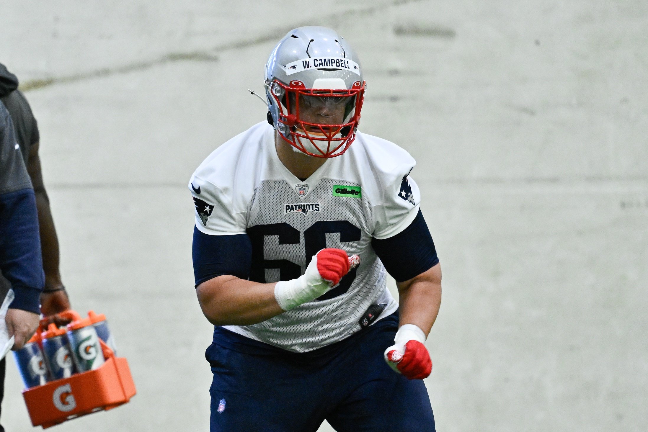 May 9, 2025; Foxborough, MA, USA; New England Patriots offensive tackle Will Campbell (66) practices during rookie camp at Gillette Stadium. Mandatory Credit: Eric Canha-Imagn Images