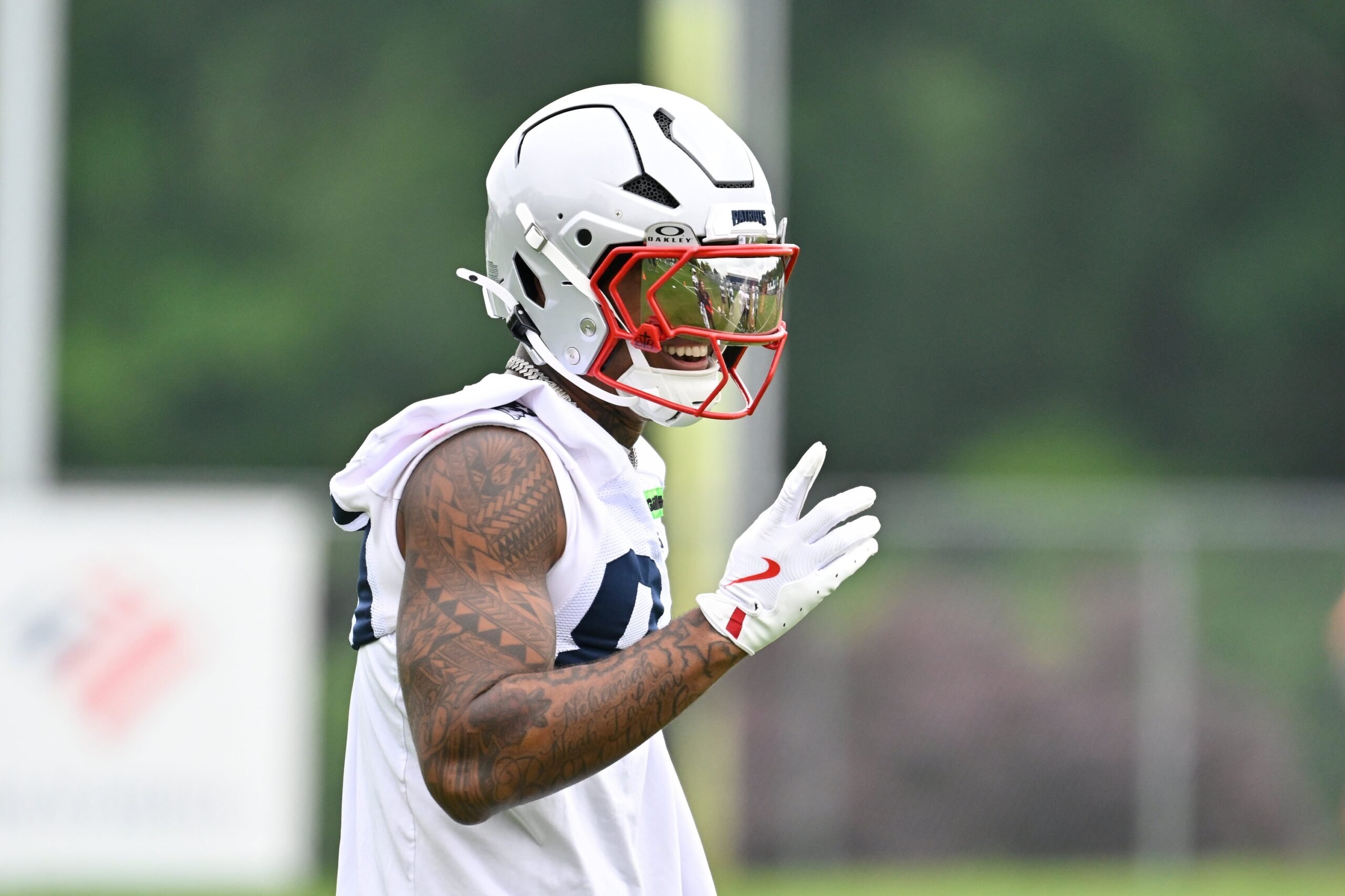 Jun 9, 2025; Foxborough, MA, USA; New England Patriots wide receiver Kendrick Bourne (84) during a break in drills at minicamp at Gillette Stadium. Mandatory Credit: Eric Canha-Imagn Images