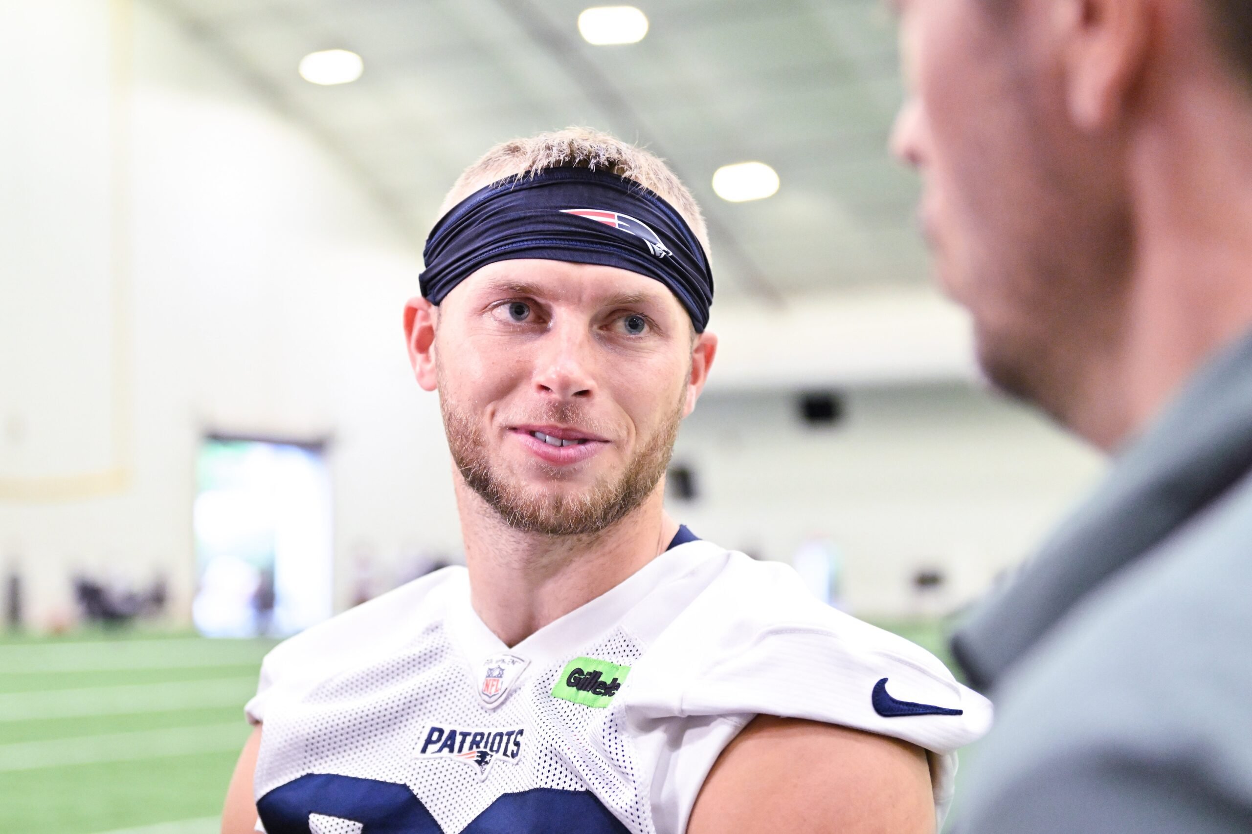 Jun 10, 2025; Foxborough, MA, USA; New England Patriots wide receiver Efton Chism III (86) speaks to the media after minicamp held in the WIN Field House at Gillette Stadium. Mandatory Credit: Eric Canha-Imagn Images
