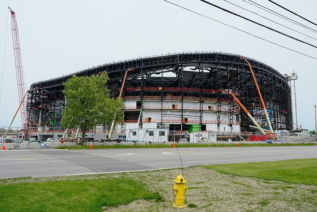 The new Buffalo Bill’s stadium construction continues on May 27, 2025 and is expected to be ready for next year’s season. A view of the stadium from Abbott Road.