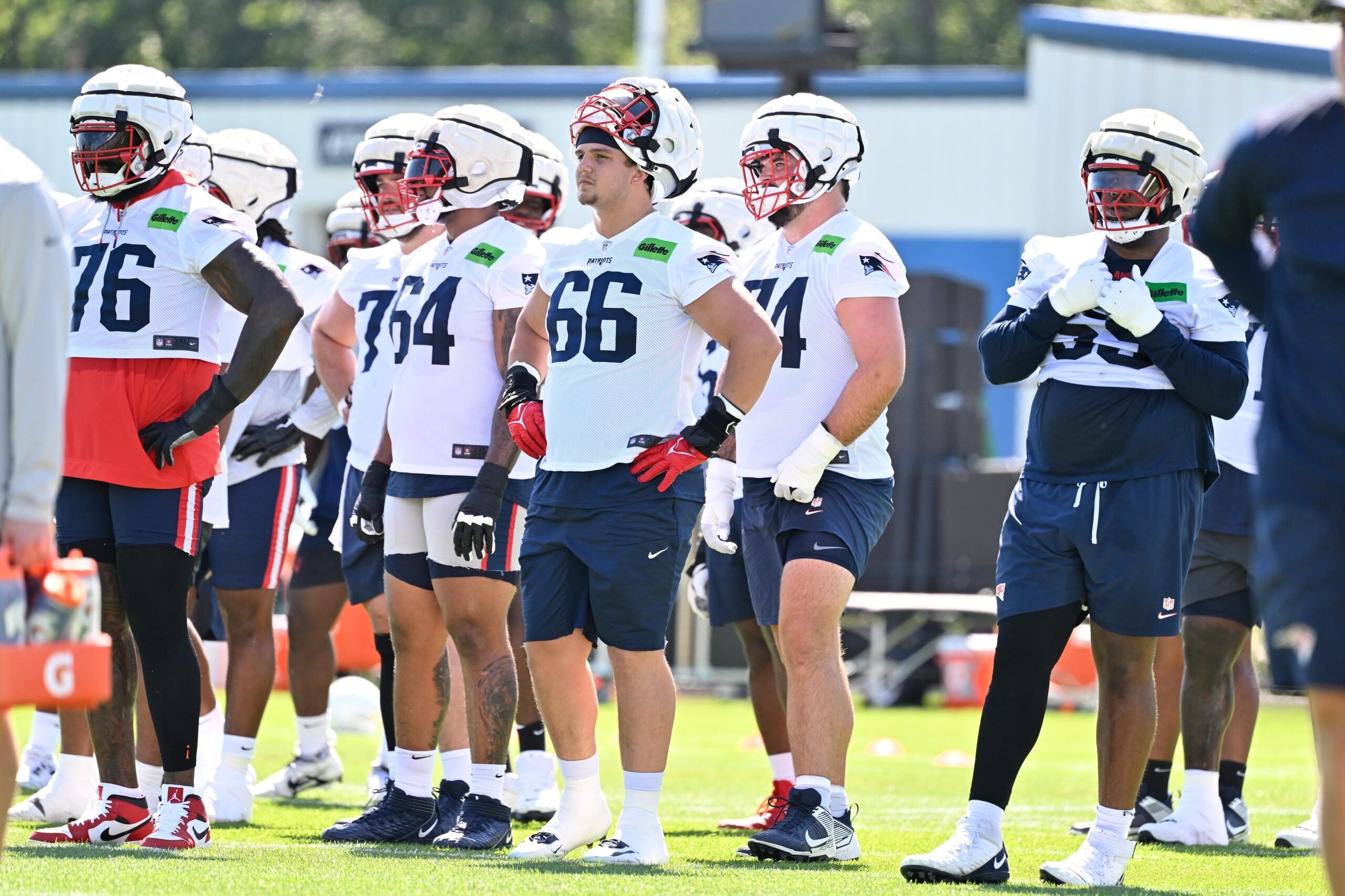 Jul 23, 2025; Foxborough, MA, USA; New England Patriots offensive tackle Will Campbell (66) look on before the start of drills at training camp at Gillette Stadium. Mandatory Credit: Eric Canha-Imagn Images