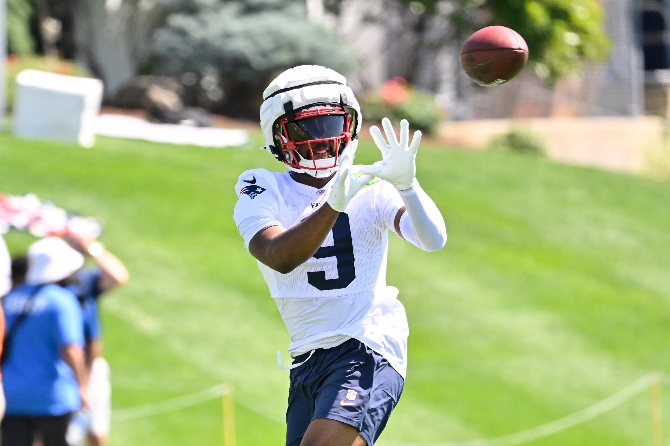 Jul 23, 2025; Foxborough, MA, USA; New England Patriots wide receiver Kayshon Boutte (9) makes a catch during training camp at Gillette Stadium. Mandatory Credit: Eric Canha-Imagn Images