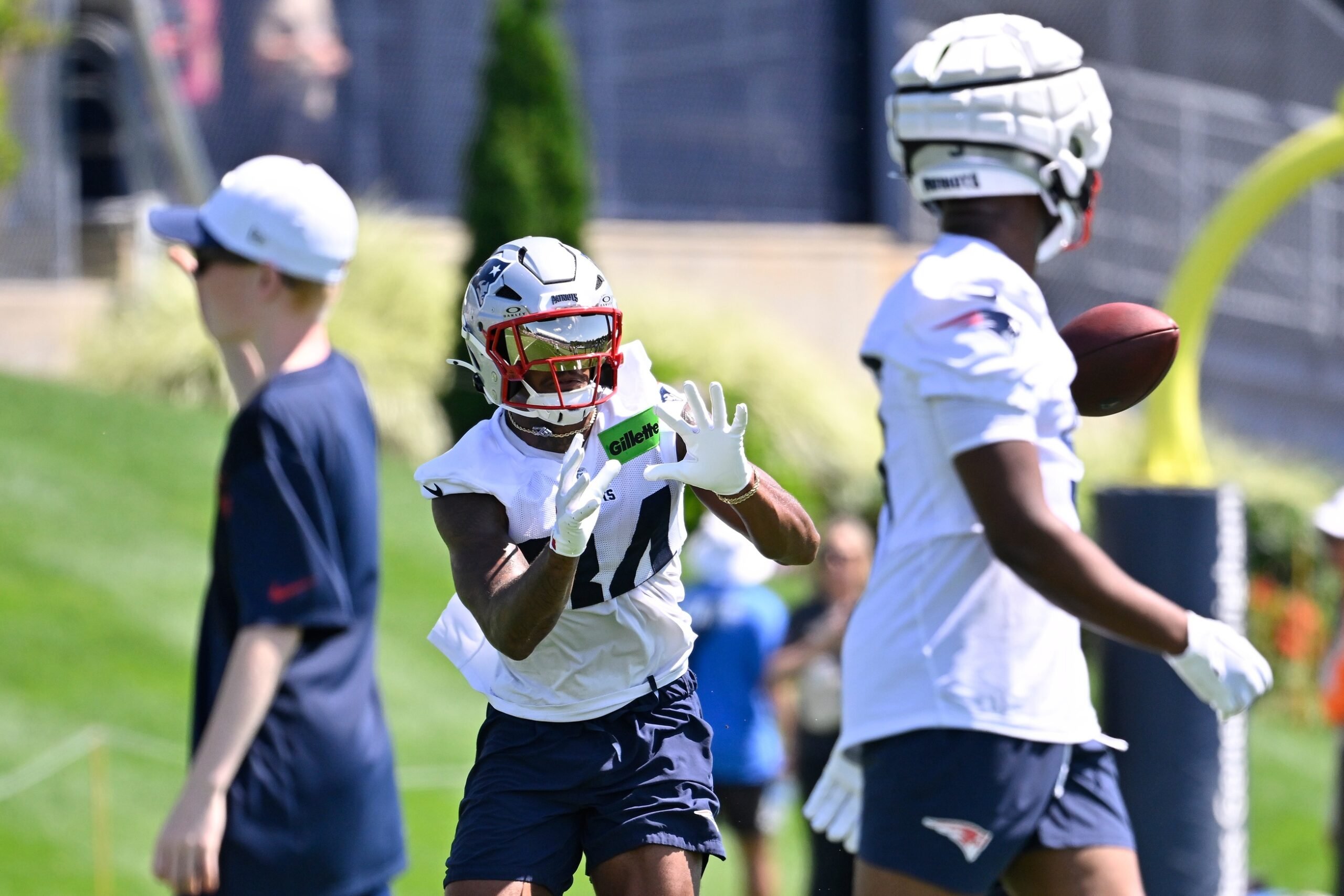 Jul 23, 2025; Foxborough, MA, USA; New England Patriots wide receiver Kendrick Bourne (84) makes a catch during training camp at Gillette Stadium. Mandatory Credit: Eric Canha-Imagn Images