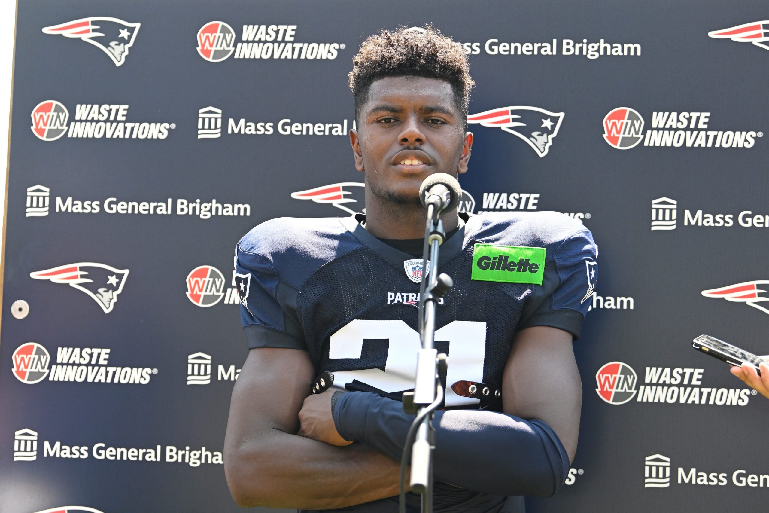 Jul 28, 2025; Foxborough, MA, USA; New England Patriots safety Jaylinn Hawkins (21) speaks to the media after training camp at Gillette Stadium. Mandatory Credit: Eric Canha-Imagn Images