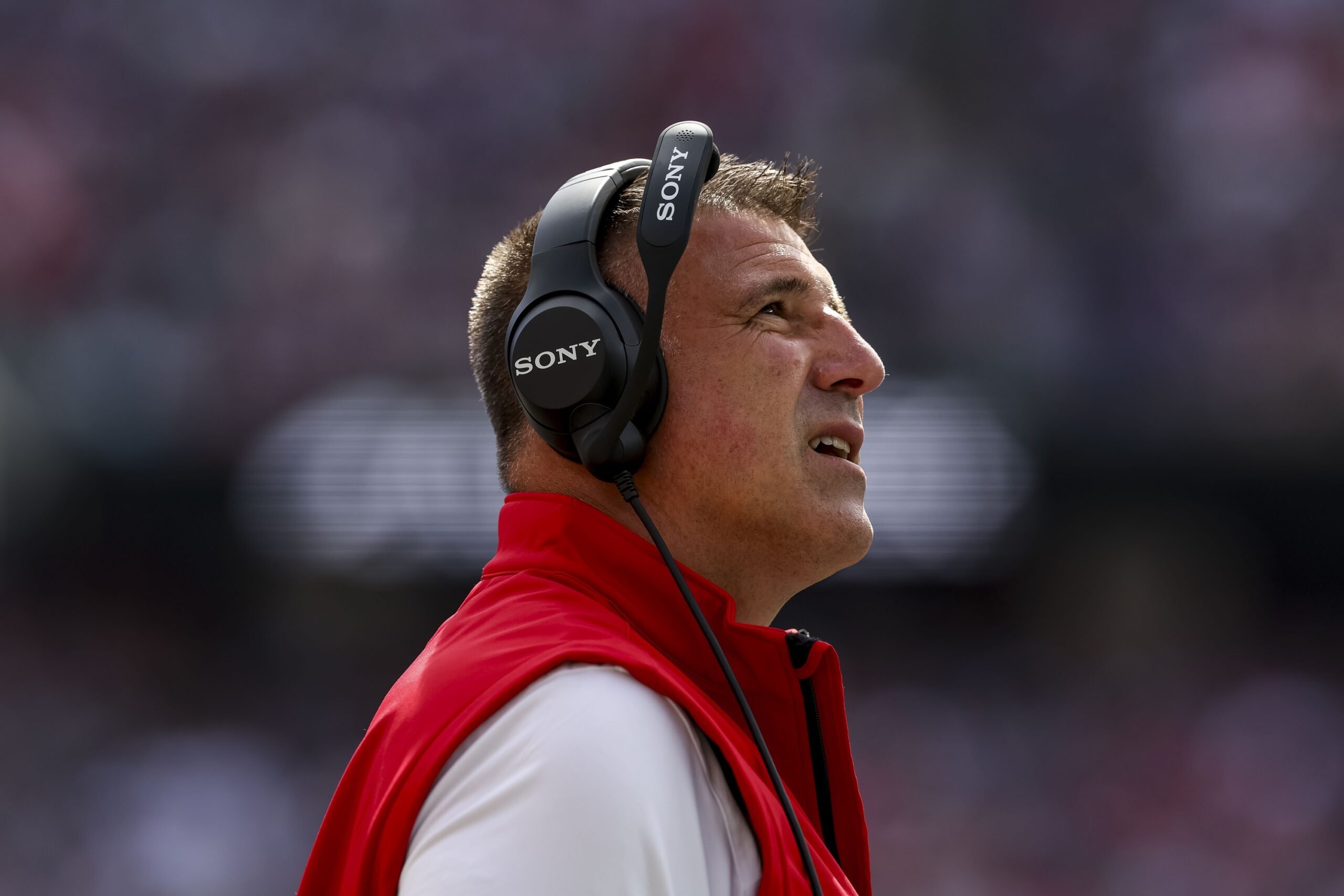 Sep 21, 2025; Foxborough, Massachusetts, USA; New England Patriots head coach Mike Vrabel during the first quarter at Gillette Stadium. Mandatory Credit: Paul Rutherford-Imagn Images