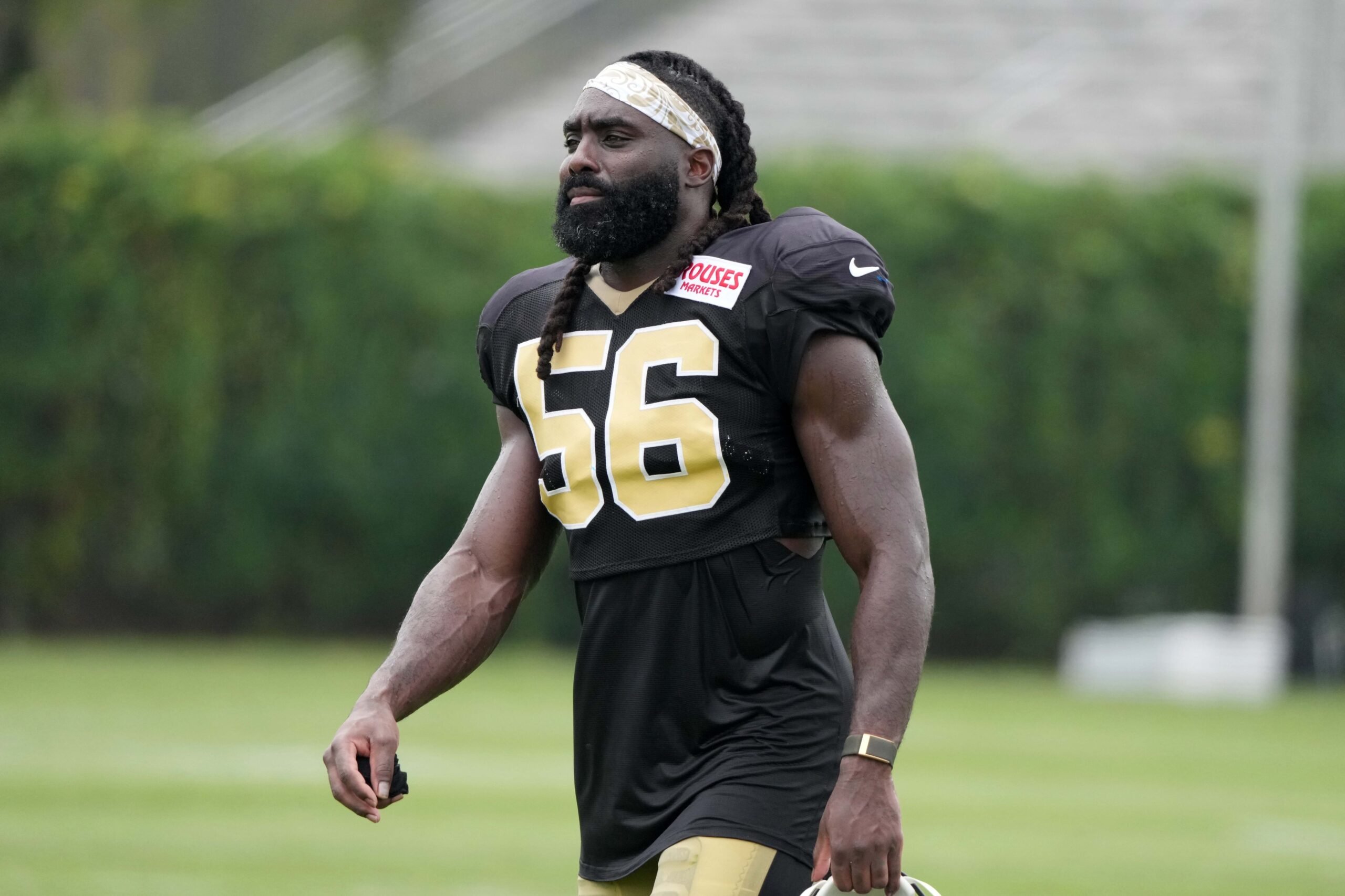 Aug 14, 2025; Carson, CA, USA; New Orleans Saints linebacker Demario Davis (56) during a joint practice against the Los Angeles Rams at the Dignity Health Sports Park. Mandatory Credit: Kirby Lee-Imagn Images