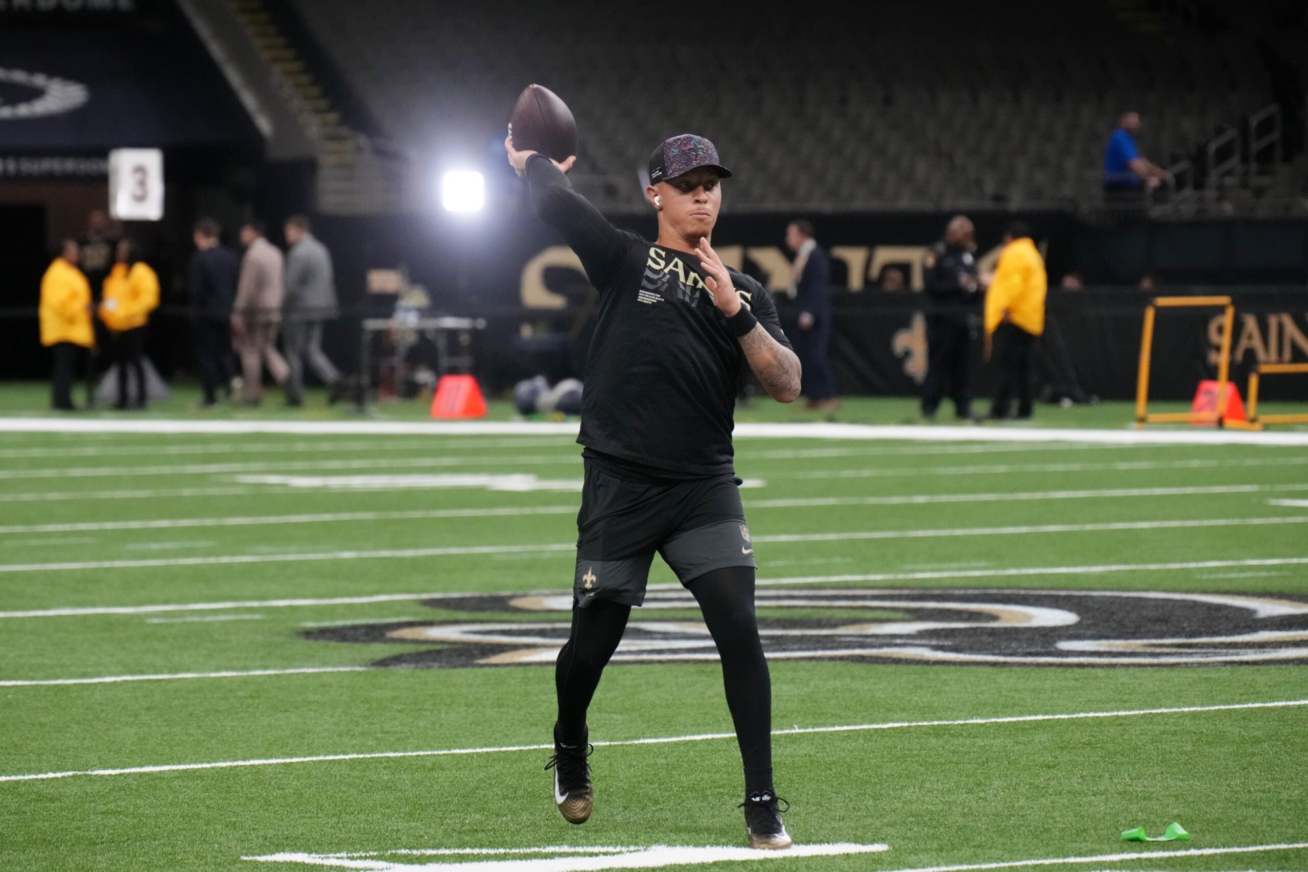 Oct 5, 2025; New Orleans, Louisiana, USA; New Orleans Saints quarterback Spencer Rattler (2) warms up before the game between the New Orleans Saints and New York Giants at Caesars Superdome. Mandatory Credit: Matthew Hinton-Imagn Images