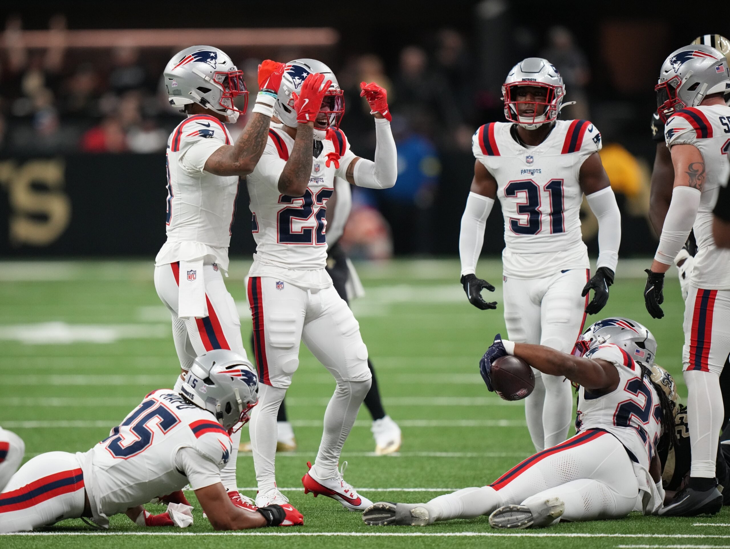 Oct 12, 2025; New Orleans, Louisiana, USA; The New England Patriots react during the second half against the New Orleans Saints at Caesars Superdome. Mandatory Credit: Matthew Hinton-Imagn Images