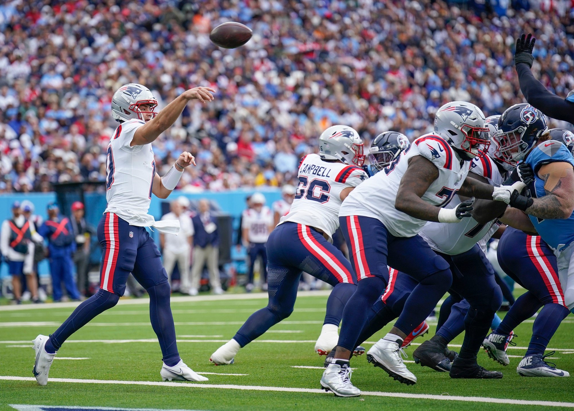 New England Patriots quarterback Drake Maye (10) passes during the second quarter against the Tennessee Titans at Nissan Stadium in Nashville, Tenn., Sunday, Oct. 19, 2025.