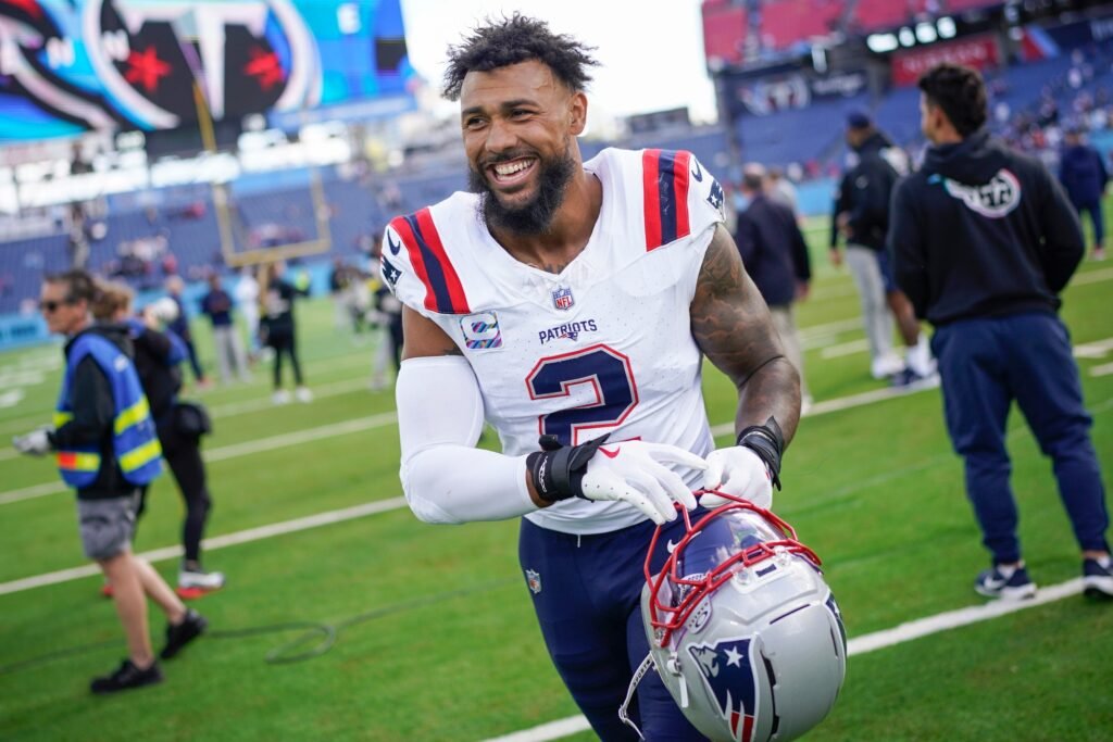 New England Patriots linebacker Harold Landry III (2) heads to the locker room after the victory over the Tennessee Titans at Nissan Stadium in Nashville, Tenn., Sunday, Oct. 19, 2025.