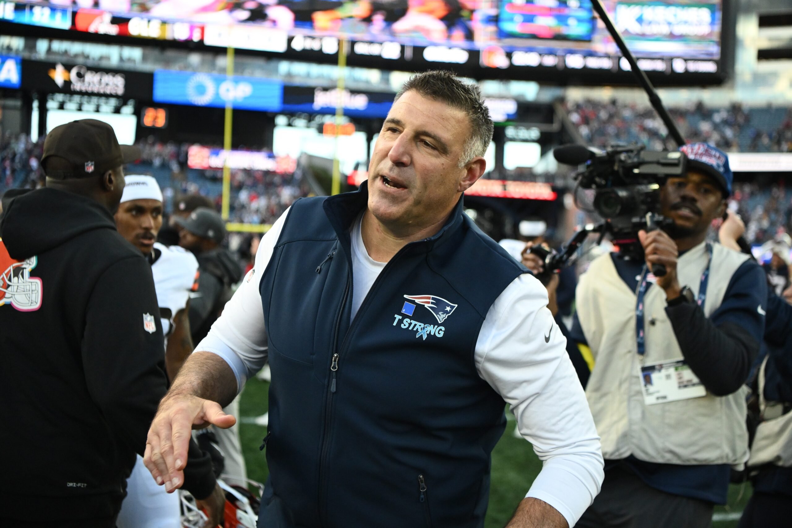 Oct 26, 2025; Foxborough, Massachusetts, USA;  New England Patriots head coach Mike Vrabel reacts to the win after the game against the Cleveland Browns at Gillette Stadium. Mandatory Credit: Brian Fluharty-Imagn Images
