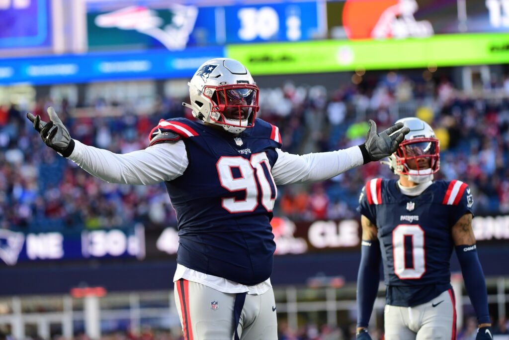 Oct 26, 2025; Foxborough, Massachusetts, USA; New England Patriots defensive tackle Christian Barmore (90) reacts during the fourth quarter against the Cleveland Browns at Gillette Stadium. Mandatory Credit: Bob DeChiara-Imagn Images