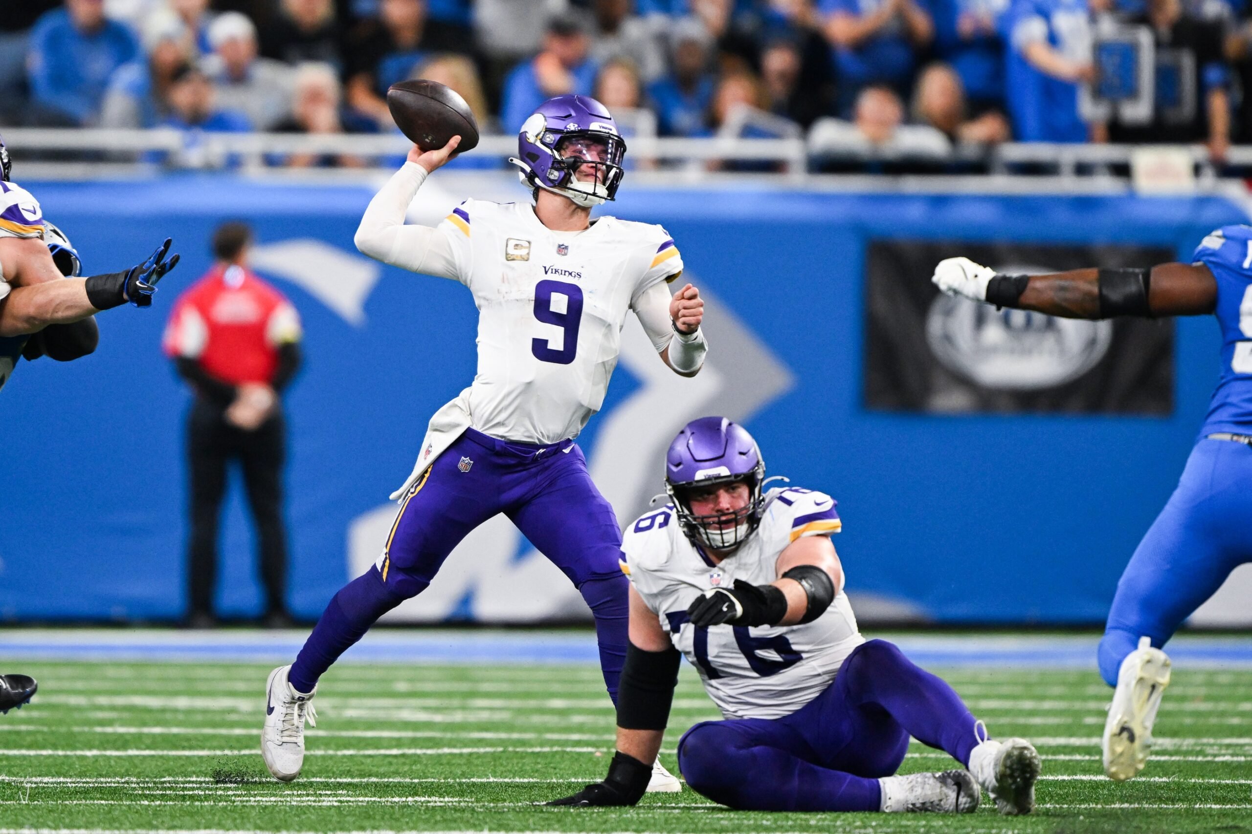 Nov 2, 2025; Detroit, Michigan, USA; Minnesota Vikings quarterback J.J. McCarthy (9) throws a pass in the second quarter against the Detroit Lions at Ford Field. Mandatory Credit: Lon Horwedel-Imagn Images