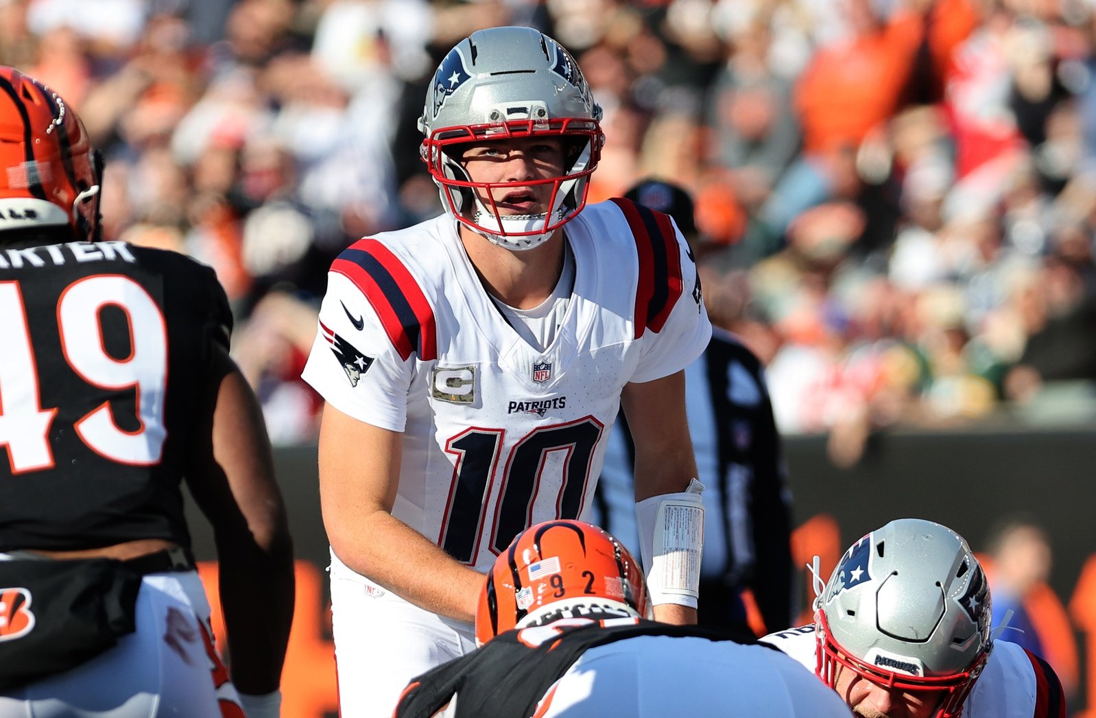 Nov 23, 2025; Cincinnati, Ohio, USA; New England Patriots quarterback Drake Maye (10) during the first half against the Cincinnati Bengals at Paycor Stadium. Mandatory Credit: Joseph Maiorana-Imagn Images