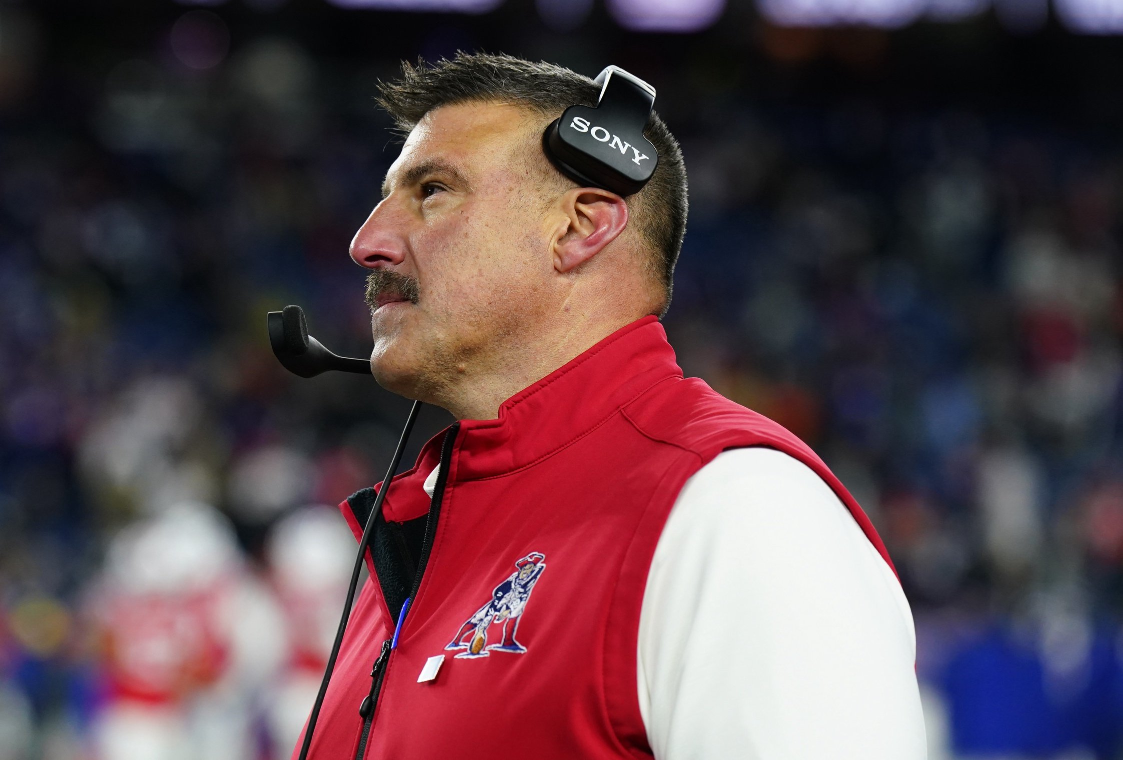 Dec 1, 2025; Foxborough, Massachusetts, USA; New England Patriots head coach Mike Vrabel watches from the sideline during the fourth quarter against the New York Giants at Gillette Stadium. Mandatory Credit: David Butler II-Imagn Images