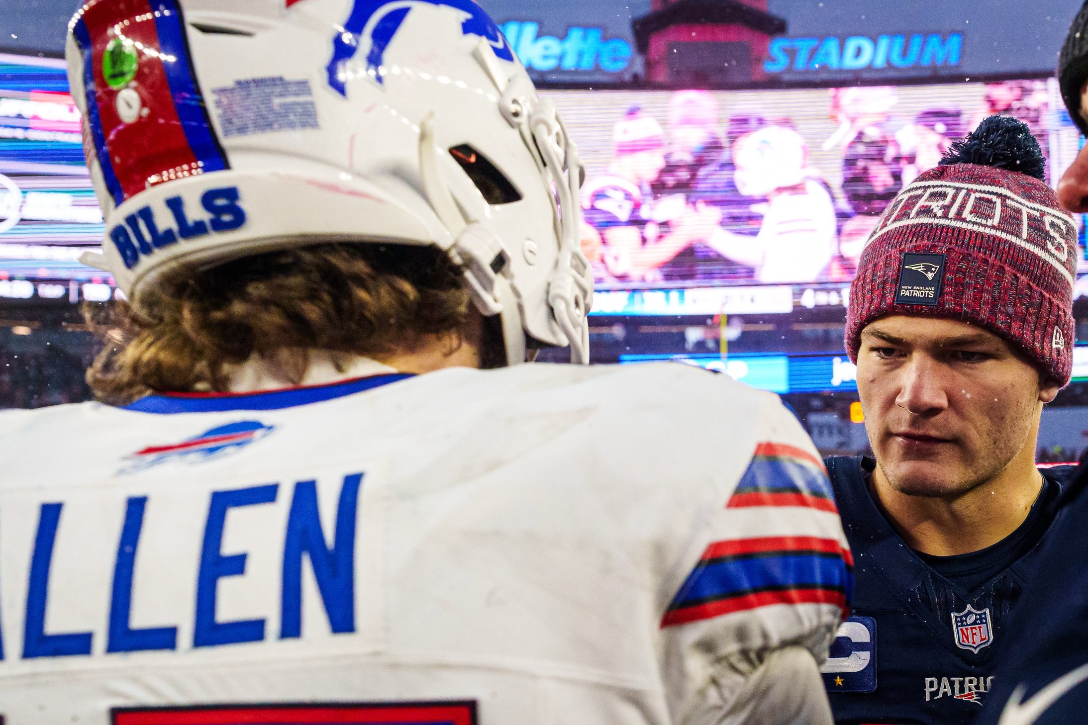 Dec 14, 2025; Foxborough, Massachusetts, USA; New England Patriots quarterback Drake Maye (10) meets Buffalo Bills quarterback Josh Allen (17) on the field after the game at Gillette Stadium. Mandatory Credit: David Butler II-Imagn Images