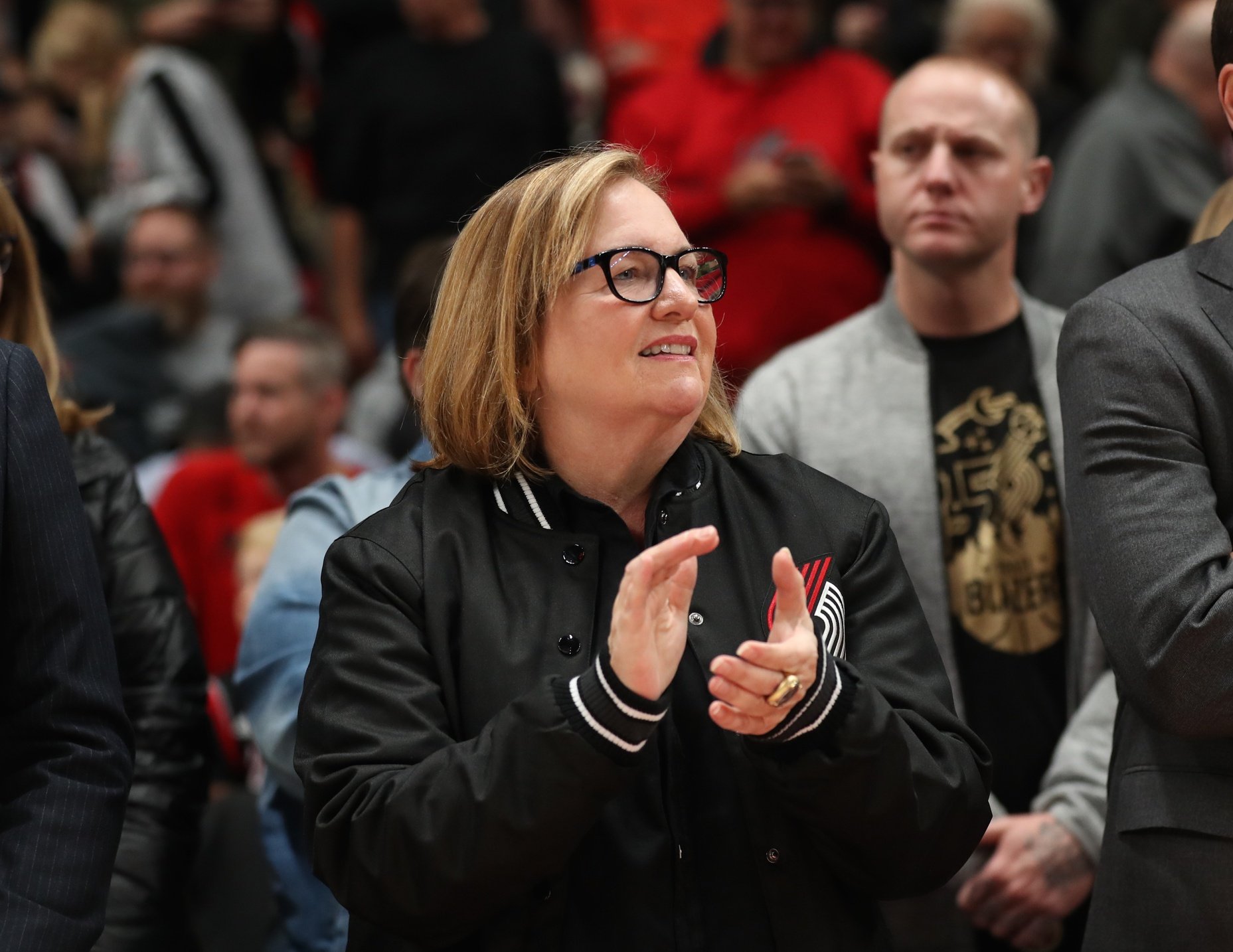 Oct 23, 2019; Portland, OR, USA; Portland Trail Blazers Chair Jody Allen applauds team before they play in the home-opener against the Denver Nuggets at Moda Center. Mandatory Credit: Jaime Valdez-USA TODAY Sports