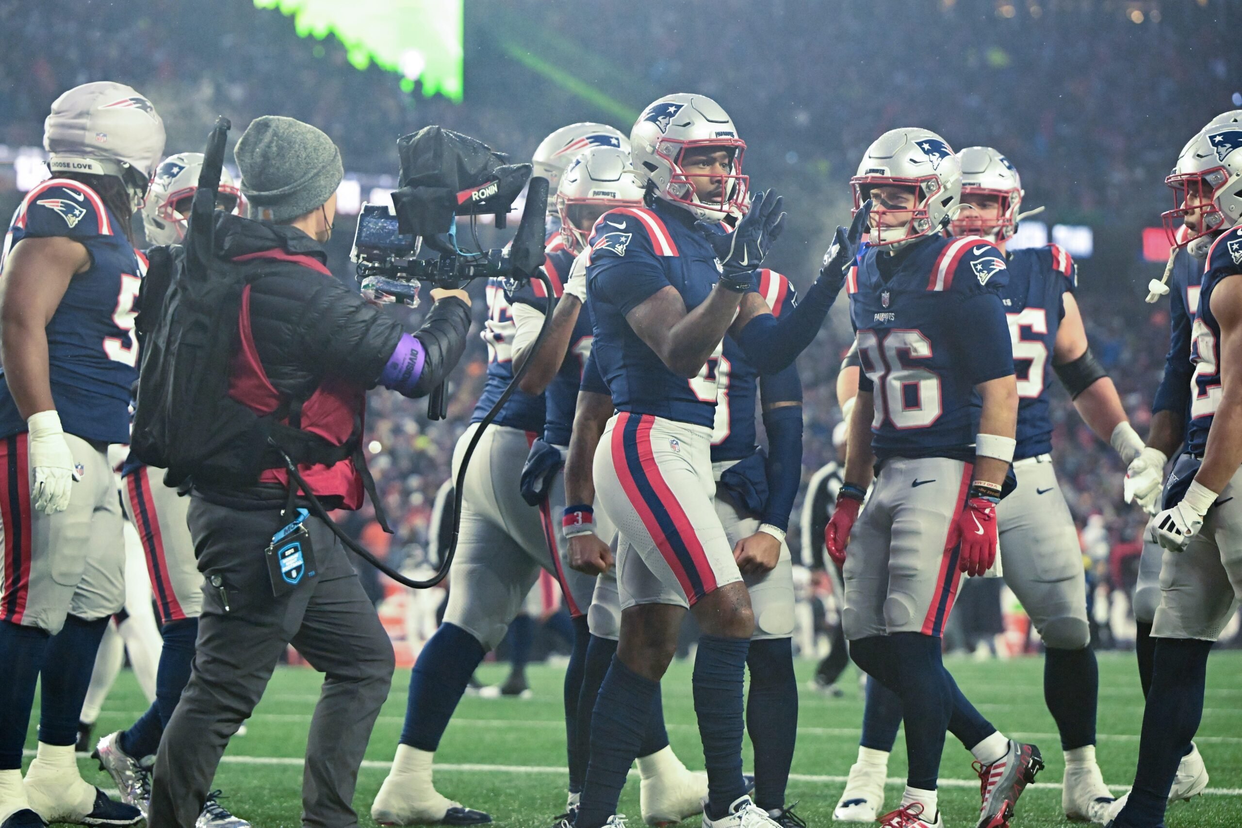 Jan 18, 2026; Foxborough, MA, USA; New England Patriots wide receiver Stefon Diggs (8) celebrates after scoring a touchdown in the second quarter against the Houston Texans in an AFC Divisional Round game at Gillette Stadium. Mandatory Credit: Brian Fluharty-Imagn Images