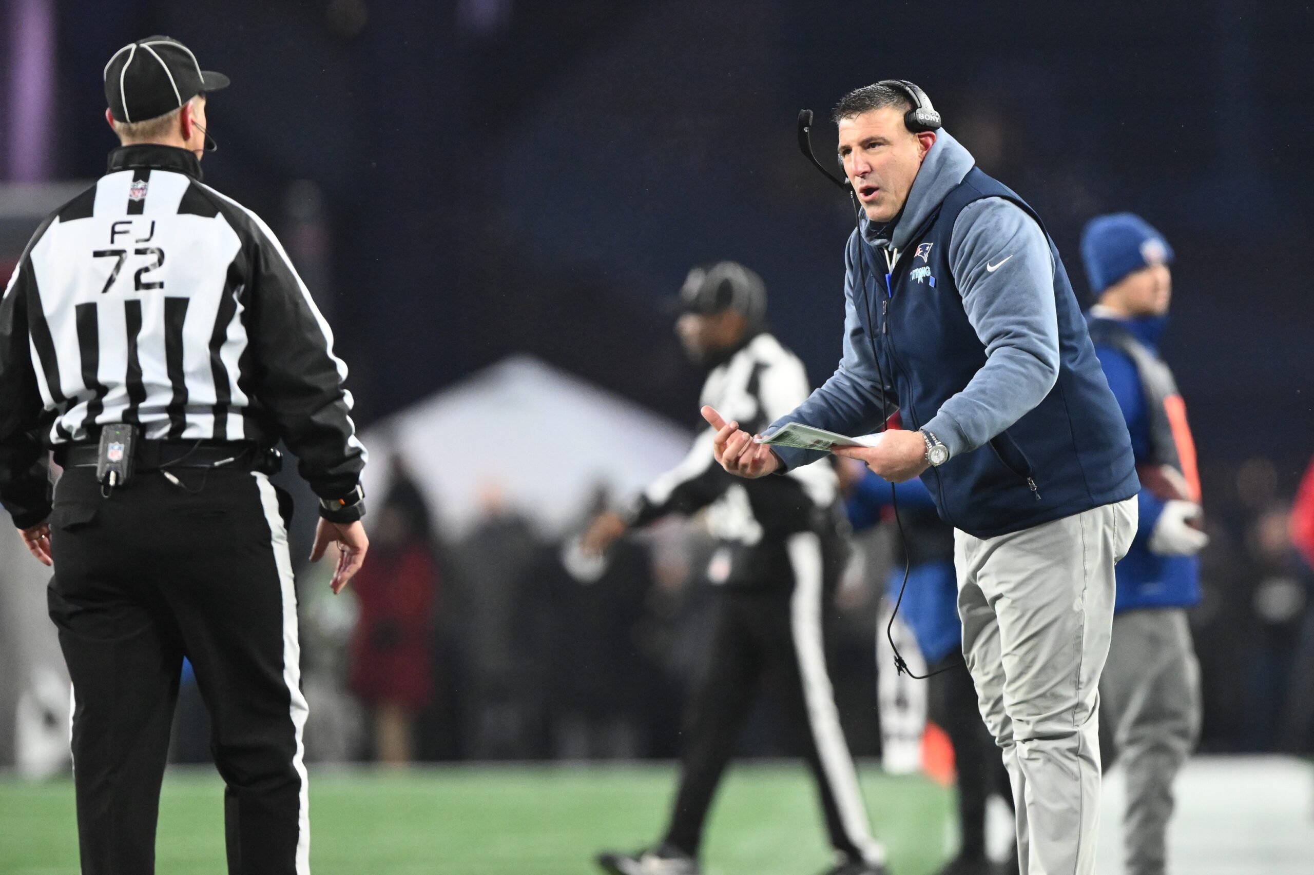 Jan 18, 2026; Foxborough, MA, USA; New England Patriots head coach Mike Vrabel reacts in the second quarter against the Houston Texans in an AFC Divisional Round game at Gillette Stadium. Mandatory Credit: Brian Fluharty-Imagn Images