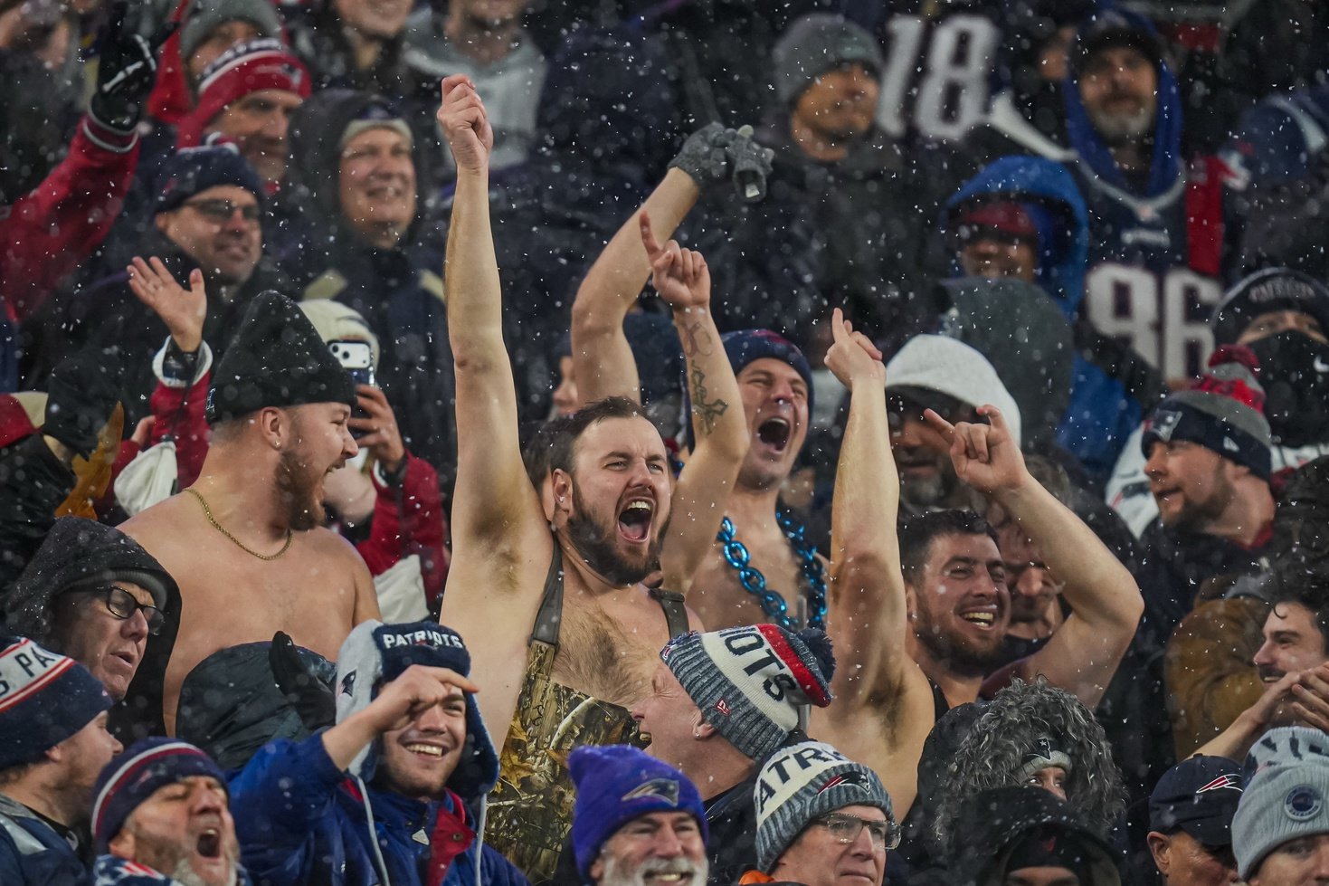 Jan 18, 2026; Foxborough, MA, USA; Fans react from the stands as the New England Patriots take on the Houston Texans in an AFC Divisional Round game at Gillette Stadium. Mandatory Credit: David Butler II-Imagn Images
