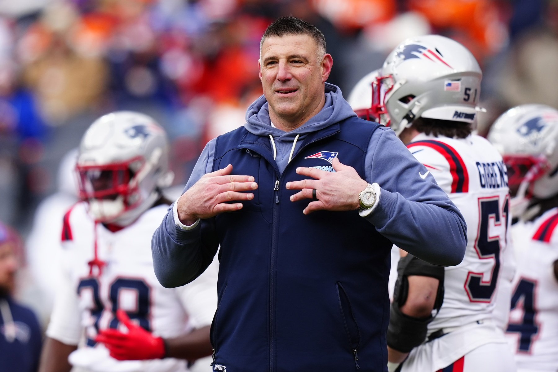 Jan 25, 2026; Denver, CO, USA;New England Patriots head coach Mike Vrabel before the 2026 AFC Championship Game at Empower Field at Mile High. Mandatory Credit: Ron Chenoy-Imagn Images