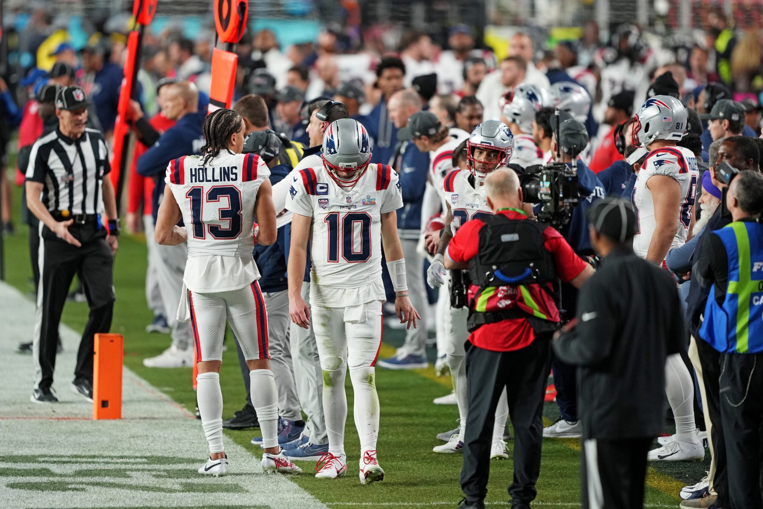Feb 8, 2026; Santa Clara, CA, USA; New England Patriots quarterback Drake Maye (10) reacts after the lose against Seattle Seahawks in Super Bowl LX at Levi's Stadium. Mandatory Credit: Darren Yamashita-Imagn Images