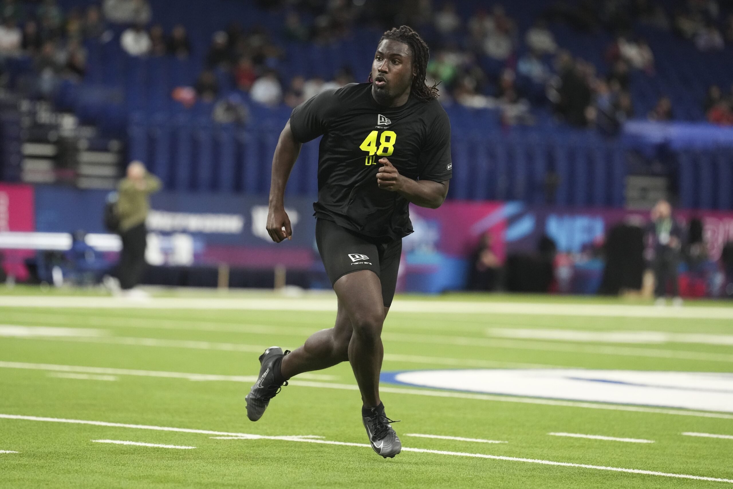Feb 26, 2026; Indianapolis, IN, USA; UCF defensive lineman Malachi Lawrence (DL48) during the NFL Scouting Combine at Lucas Oil Stadium. Mandatory Credit: Kirby Lee-Imagn Images