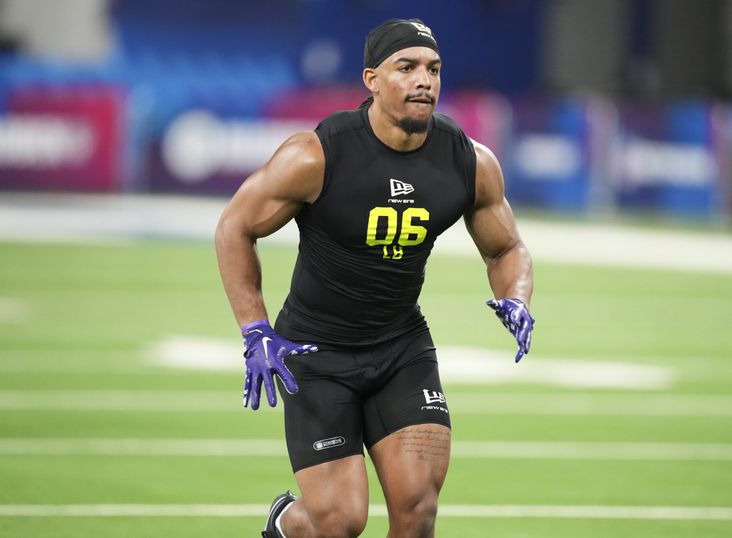 Feb 26, 2026; Indianapolis, IN, USA;  TCU linebacker Kaleb Elarms--Orr (LB06) during the NFL Scouting Combine at Lucas Oil Stadium. Mandatory Credit: Kirby Lee-Imagn Images